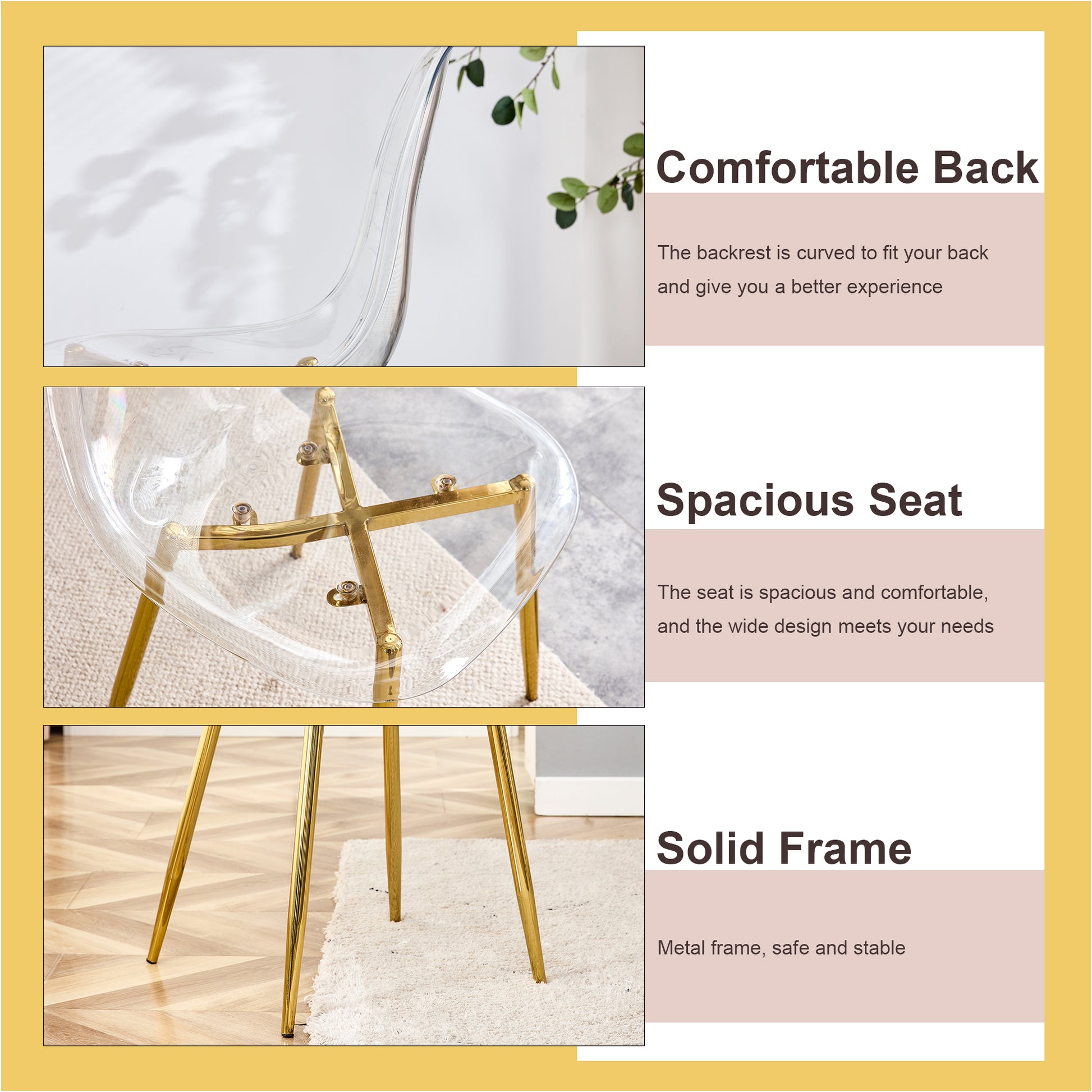 Table And Chair Set.Modern Luxurious White Marble Patterned Tempered Glass Dining Table Set With Transparent Pp Chairs.8 Transparent High Quality Pp Dining Chairs With Golden Legs. White Gold Seats