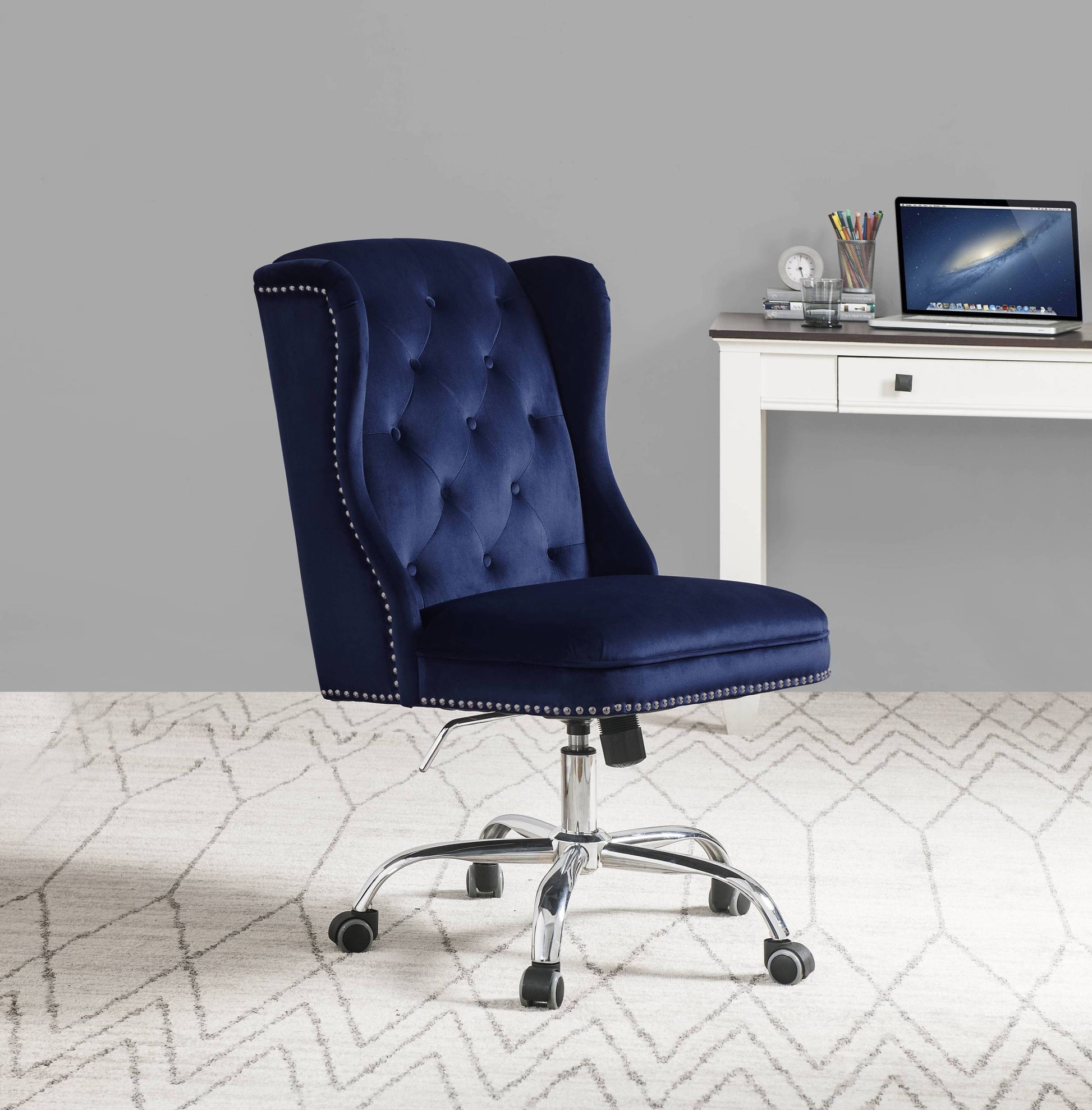 Midnight Blue Swivel Office Chair With Wing Back Caster Solid Blue Office Office Chairs Solid Back Swivel Fabric Metal