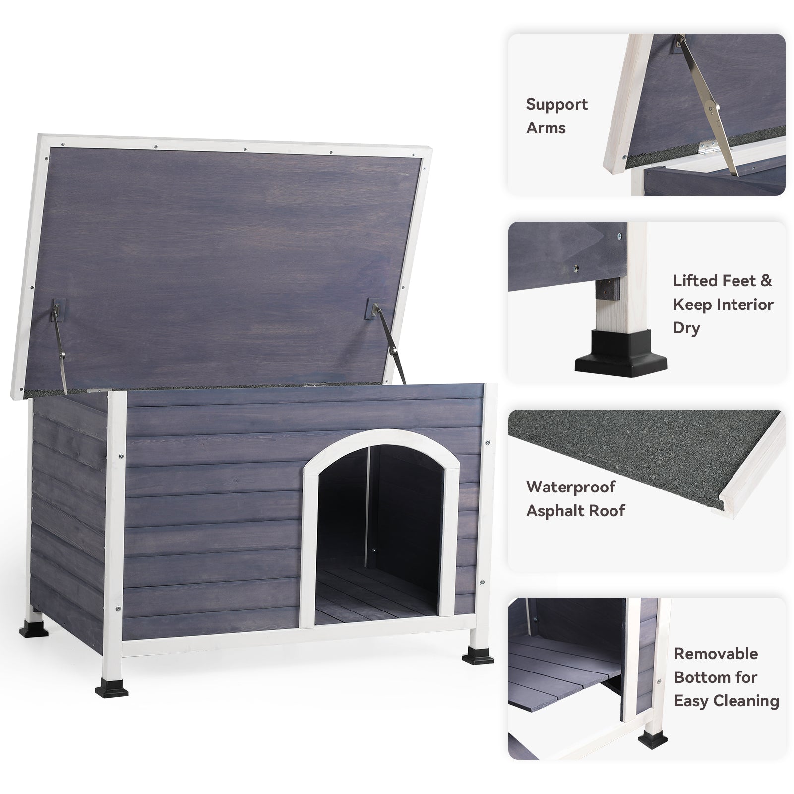 Medium Wooden Outdoor Dog House, Waterproof Roof, Elevated Floor, Grey Grey Solid Wood