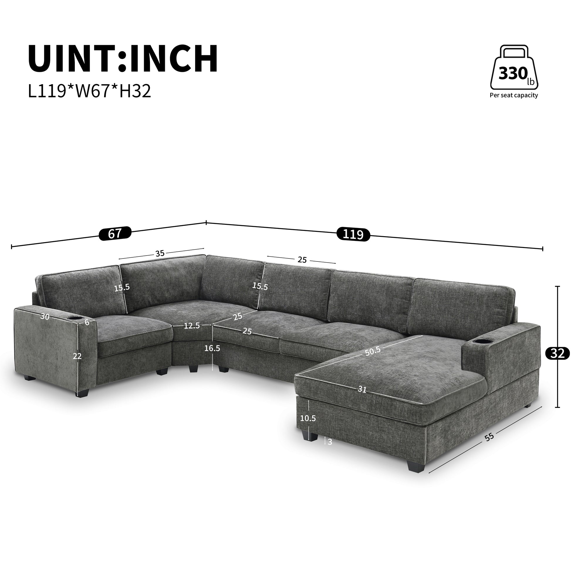 119*67" U Shaped Sectional Sofa,6 Seat Chenille Couch Set With Oversized Chaise Lounge,Irregular Corner,Deep Seat Comfy Sofa With Cup Holders For Living Room,Apartment,2 Colors Dark Gray Chenille 6