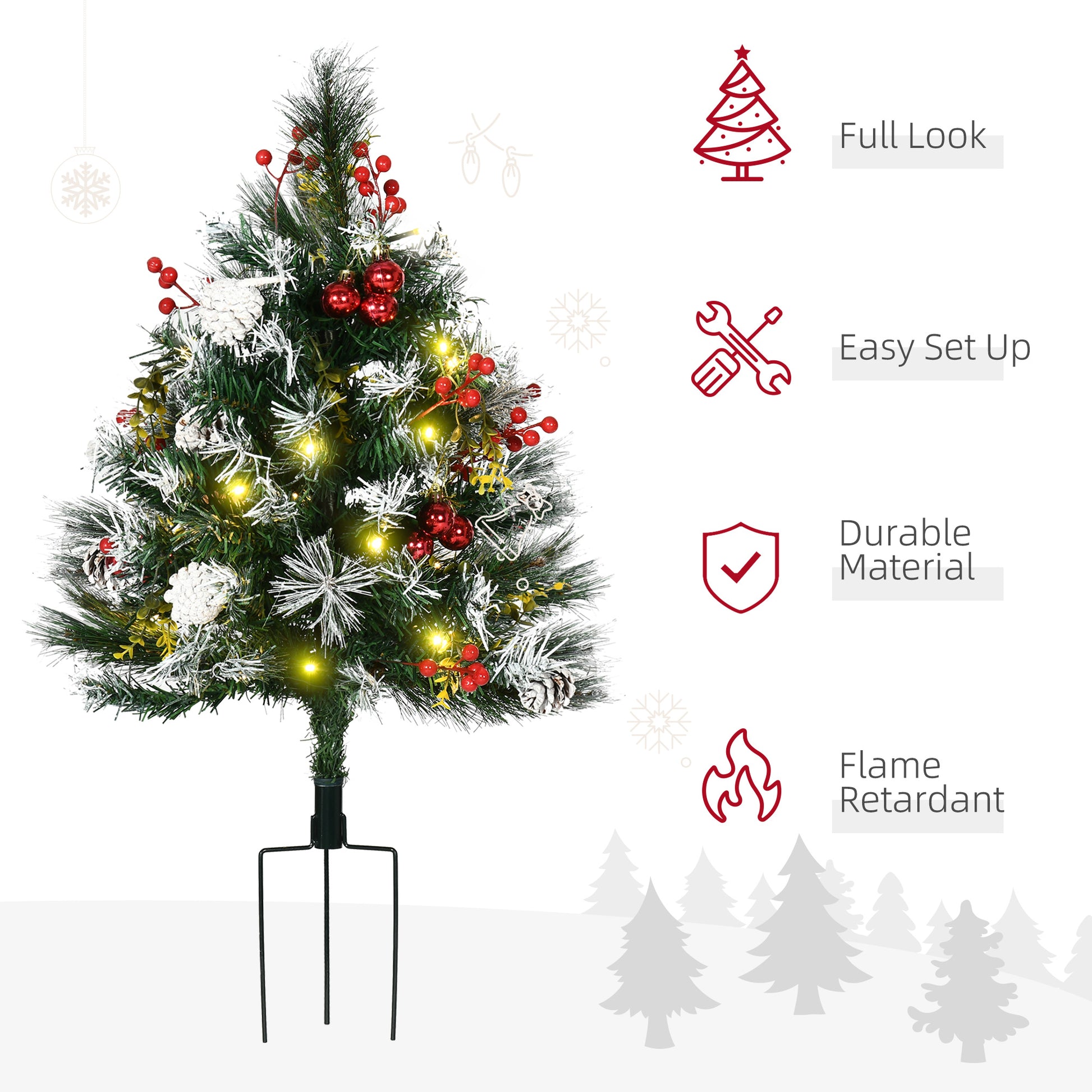 Homcom 2.5 Ft 30" 2 Pack Outdoor Entryway Pre Lit Artificial Christmas Tree Cordless With 70 Branches, Warm White Led Lights, Red Berries, Pine Cones, Balls, Green Green Plastic