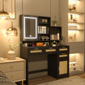 Makeup Vanity With Lights In 3 Colors & Openable Mirror, Vanity Desk With 4 Drawers & 1 Cabinets & Shelves, Vanity Table Rattan Vanity Dresser, For Bedroom Sliding Black Drawer 4 Drawers Bedroom Extra Deep Drawers Mdf