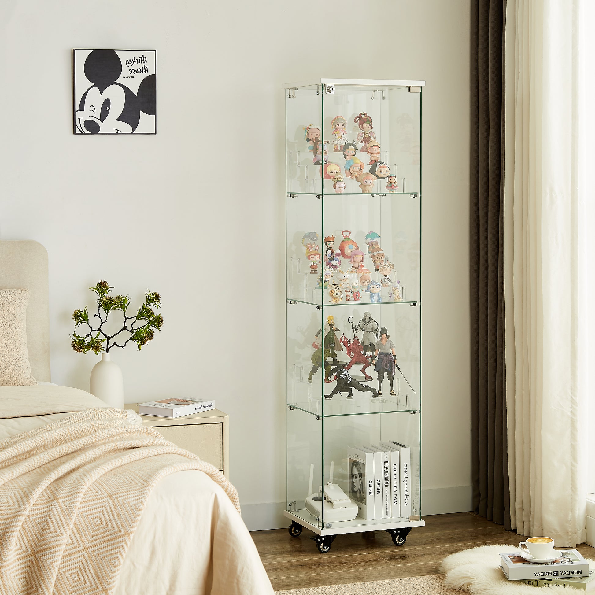 4 Tier Glass Display Cabinet, Single Door Glass Cabinet With Lock And Wheels, Floor Standing Storage Cabinet With 3 Acrylic Shelves For Living Room, Bedroom And Office, White, 15.8"L X 14.2"W X