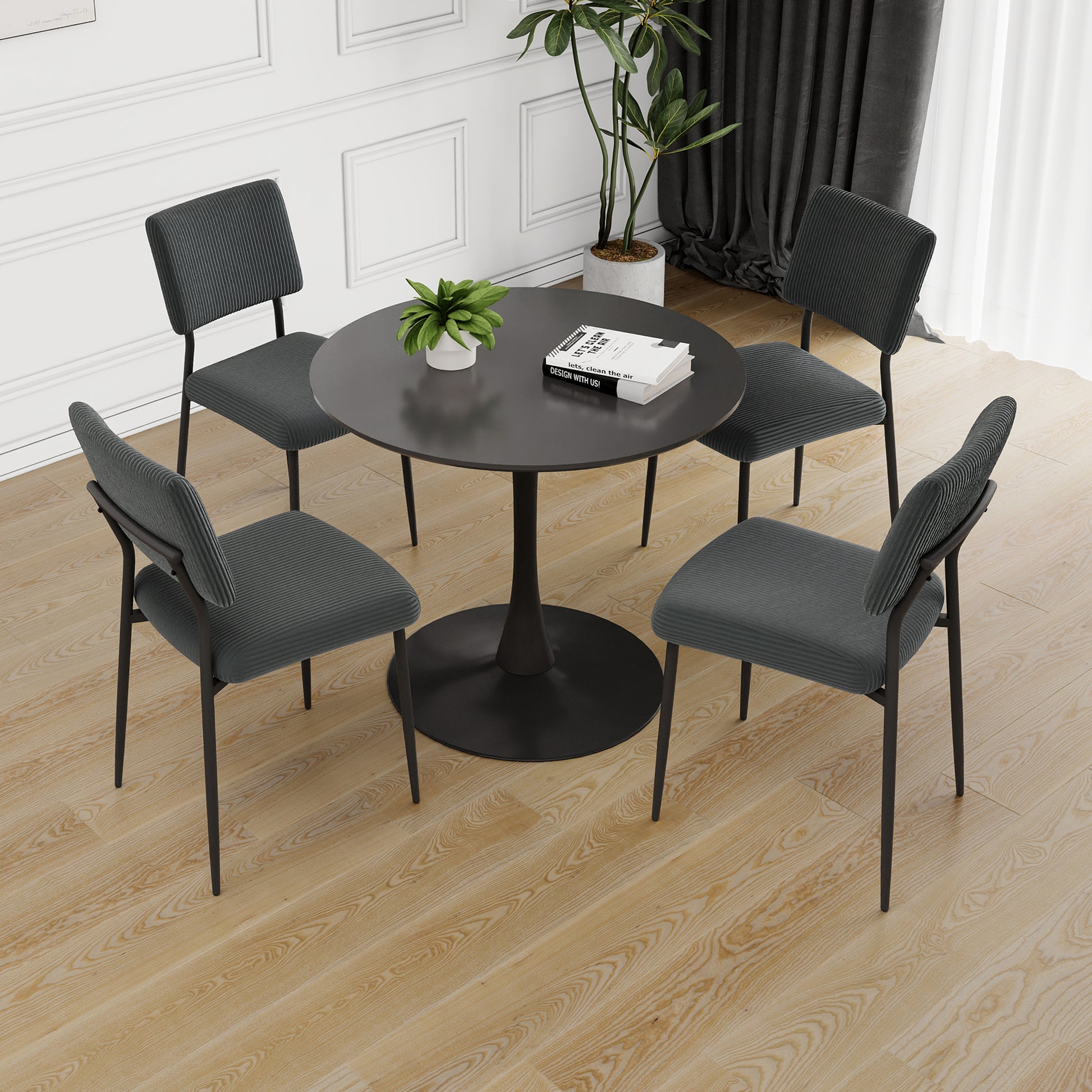 Modern Grey Simple Velvet Dining Chair Fabric Upholstered Chair Family Bedroom Stool Back Dressing, Black Round Table Set, Chair Black Metal Legs Set Of 5 Black Mdf