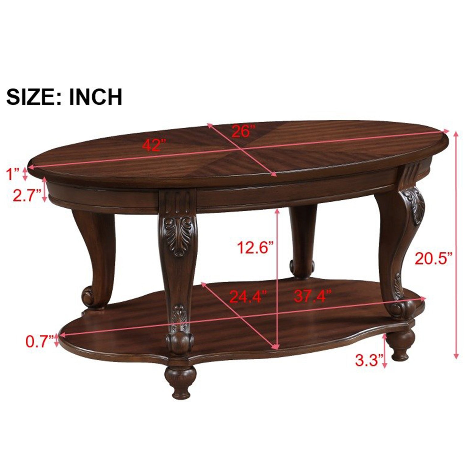 42'' Oval Wood Coffee Table For Living Room, 2 Tier Solid Wood Cocktail Table With Open Storage Shelf, Easy Assembly, Cherry Cherry Rubber Wood