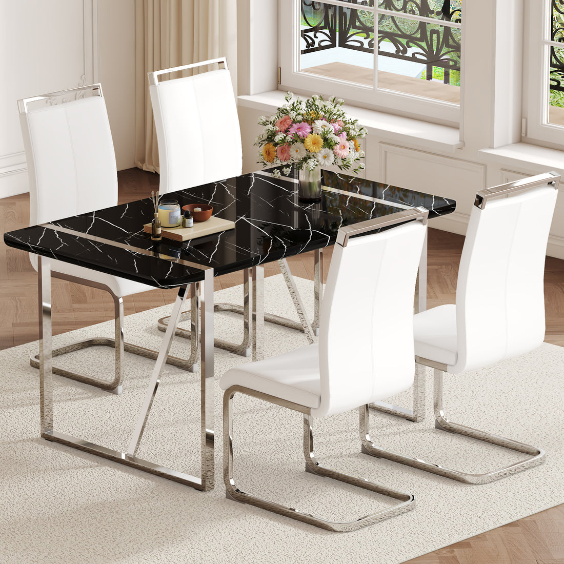 Table And Chair Set.A Rustic Industrial Rectangular Mdf Black Dining Table With Mdf Desktop And Electroplated Silver Metal Legs.Paried With 4 Chairs With Pu Cushion And Metal Legs. White Black Seats 4 Mdf Metal