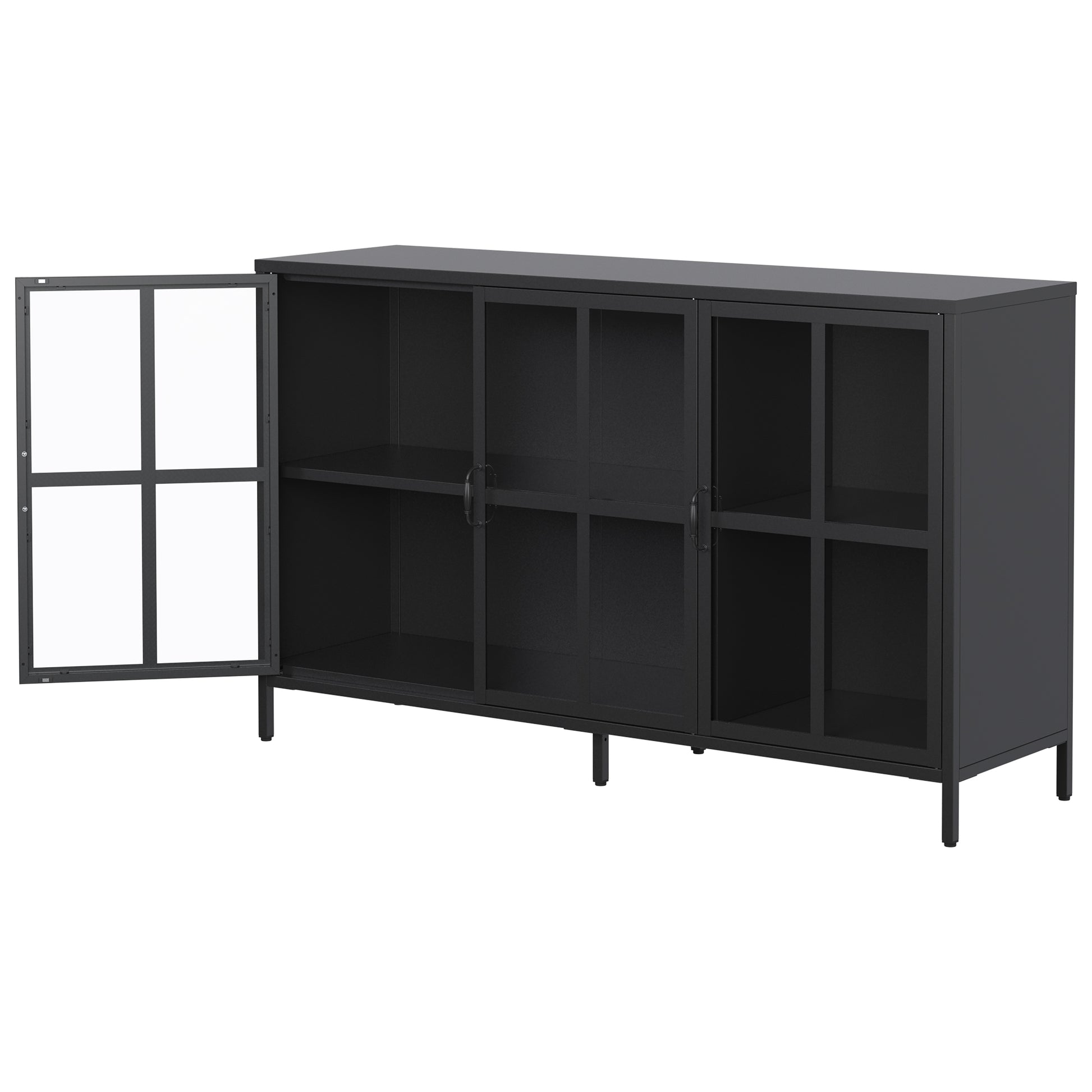 Heavy Duty Metal Modern Sideboard Buffet Cabinet With Storage Premium Steel Storage Cabinet ,Adjustable Feet,Glass Doors,Large Capacity Organizer For Living Room,Bed Room,Dining Room Black Kitchen