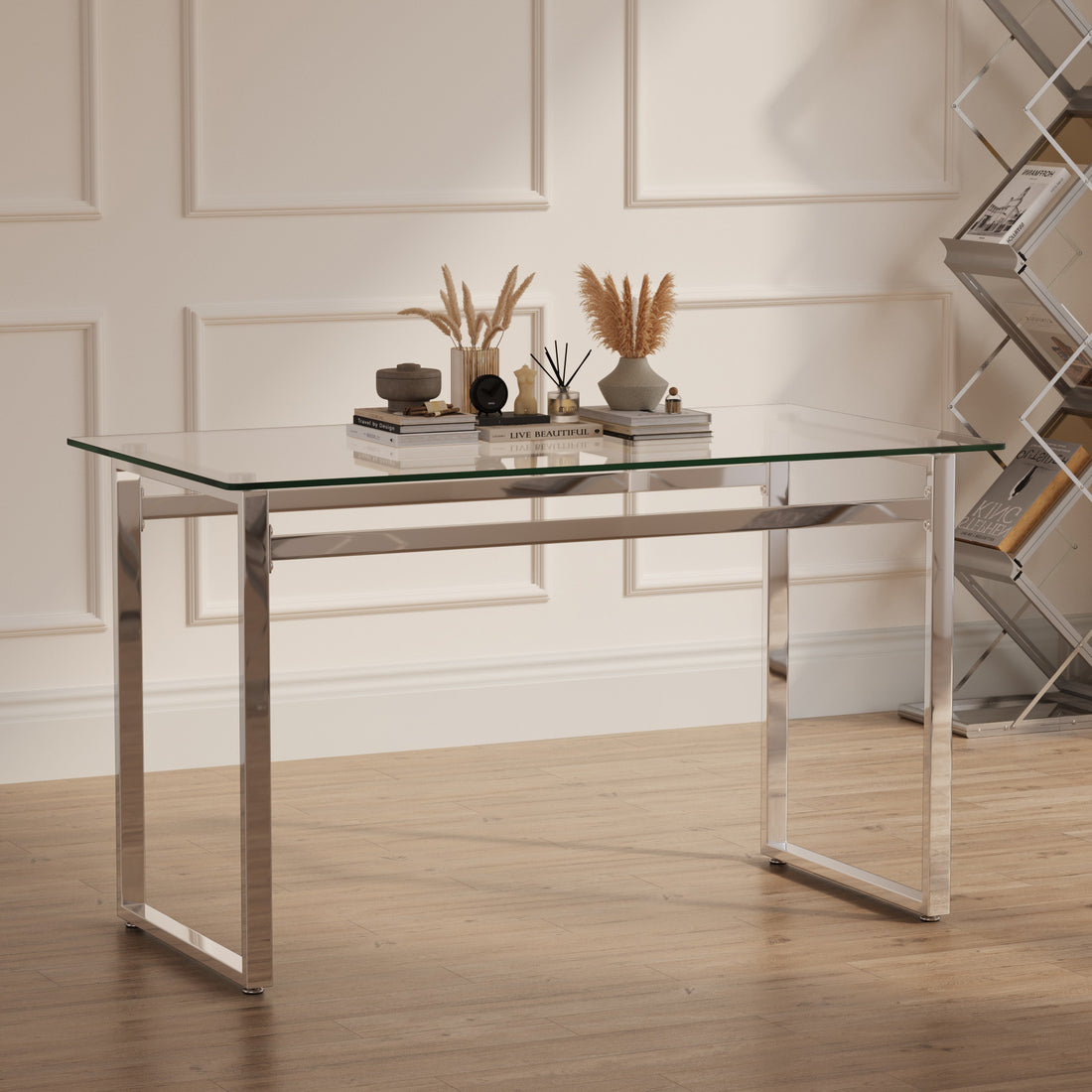 Modern Minimalist Rectangular Glass Dining Table For 4 6 With 0.31" Tempered Glass Tabletop And Silver Chrome Metal Legs, Writing Table Desk, For Kitchen Dining Living Room, 51" W X 27"D X 30" H Transparent Glass Glass