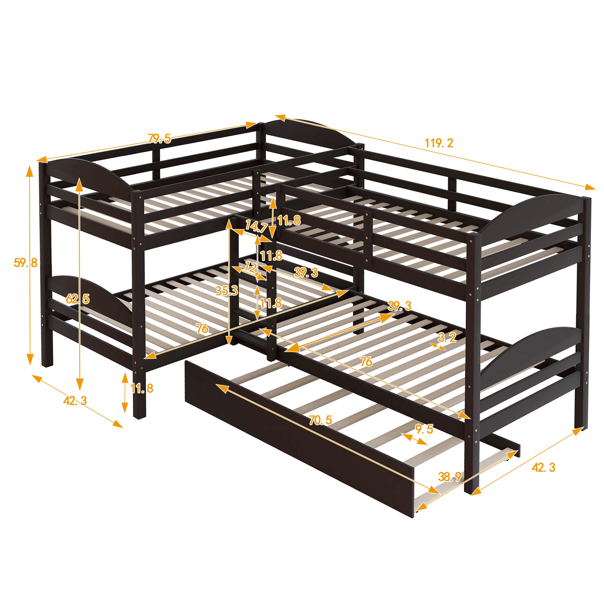 Twin L Shaped Bunk Bed With Trundle Espresso Old Sku:Lp000024Aap Espresso Solid Wood