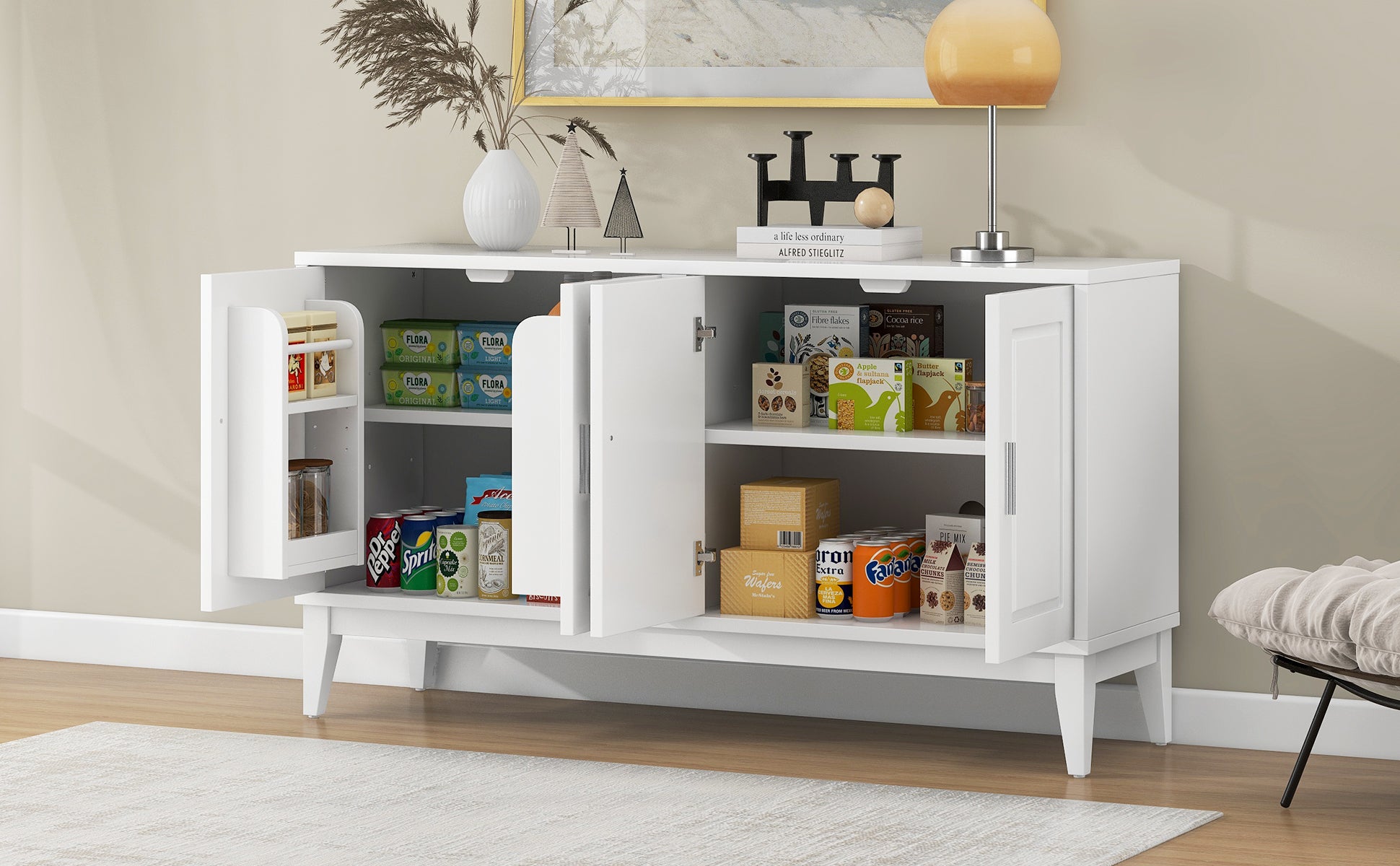 4 Door Sideboard Storage Cabinet With Door Shelf For Living Room And Dining Room, Two Large Cabinets With Adjustable Shelf, White White Rubberwood Solid Wood Mdf