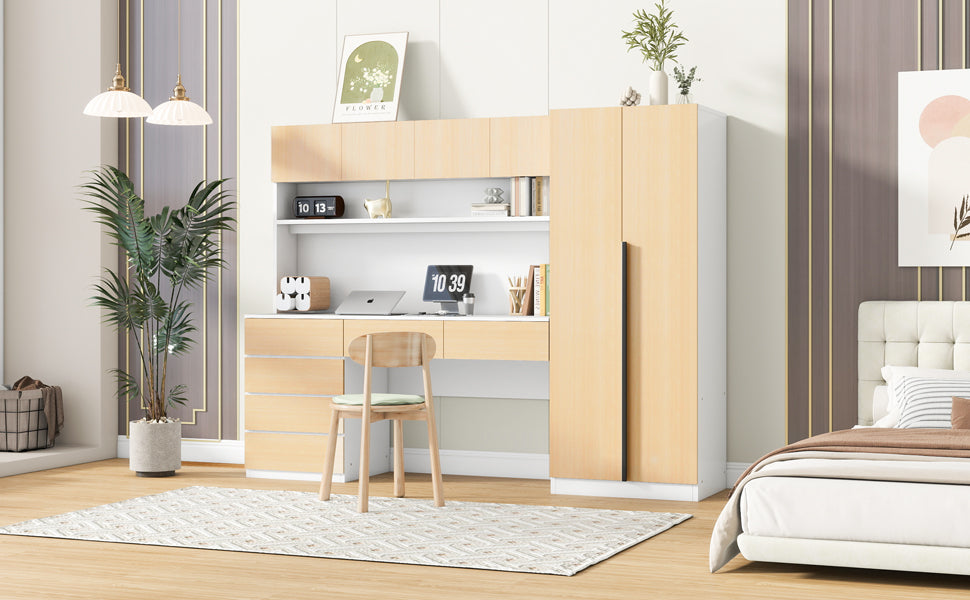 2 Door Wooden Storage Desk Wardrobe For Bedroom With Shelves And Drawers,Natural Natural Mdf Lvl