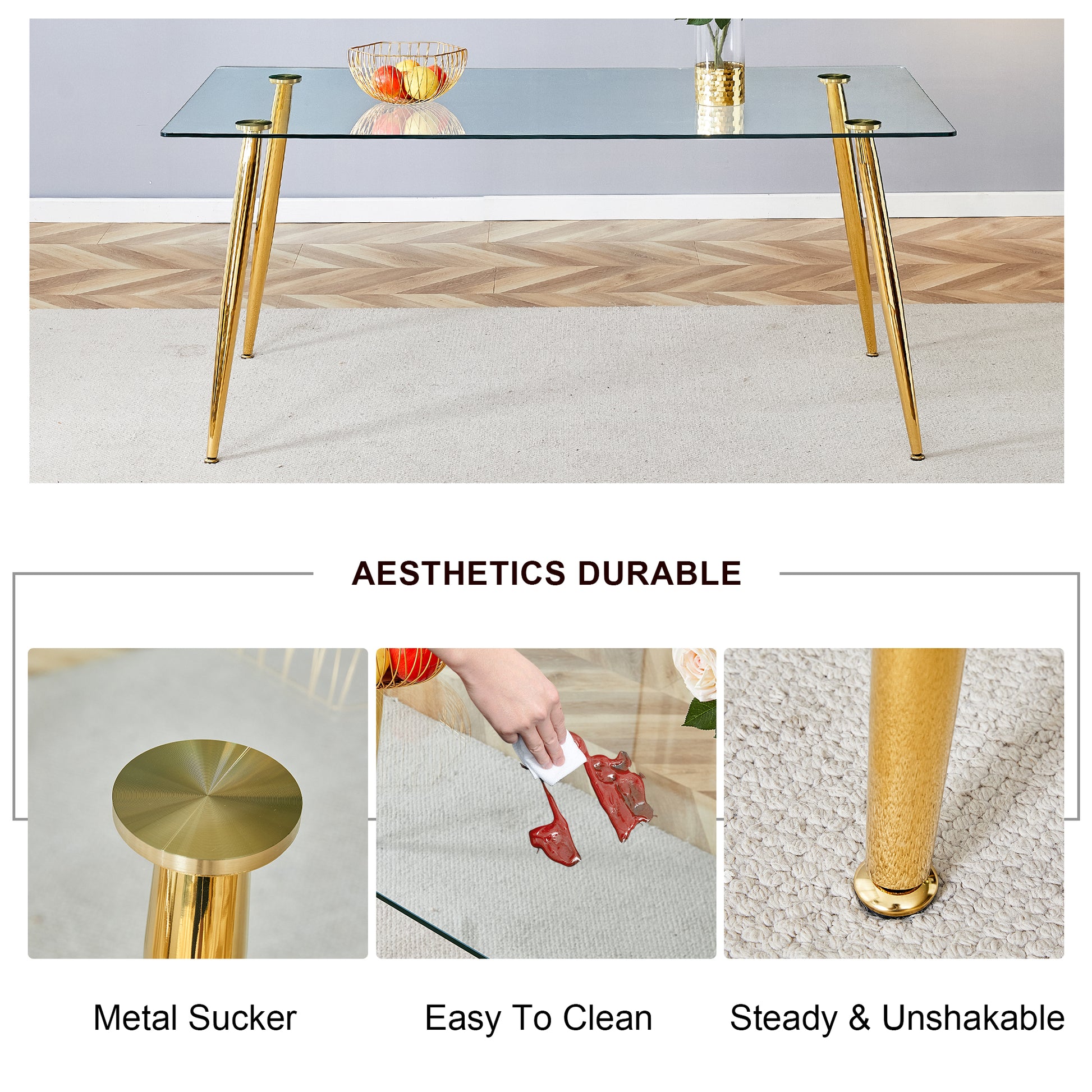 Table And Chair Set.Modern Rectangular Glass Dining Table With Tempered Glass Countertop And Golden Metal Legs, Paired With Multiple Transparent High Quality Pet Dining Chairs With Golden Legs. Gold Seats 6 Tempered Glass