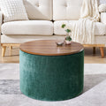 2 Piece Set Round Chenille Storage Ottoman, Equipped With A Drum Shaped Small Stool, Storage Space, And Mdf Made Desktop Panel Dark Green23.62