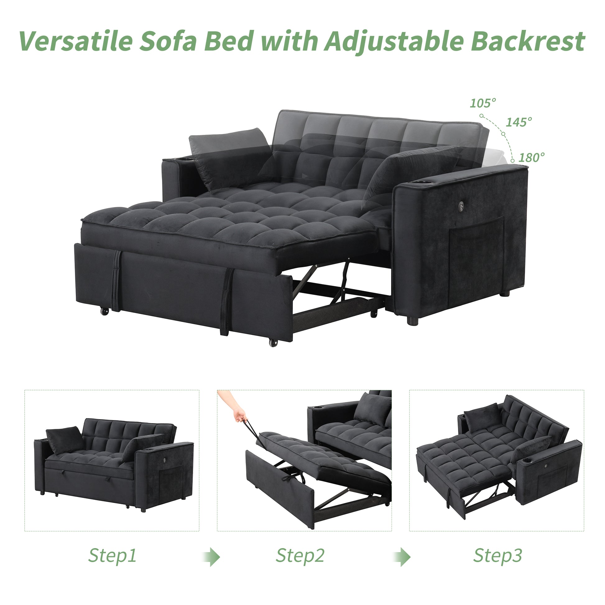 58" 4 1 Multi Functional Sofa Bed With Cup Holder And Usb Port For Living Room Or Apartments Black Black Foam 2 Seat