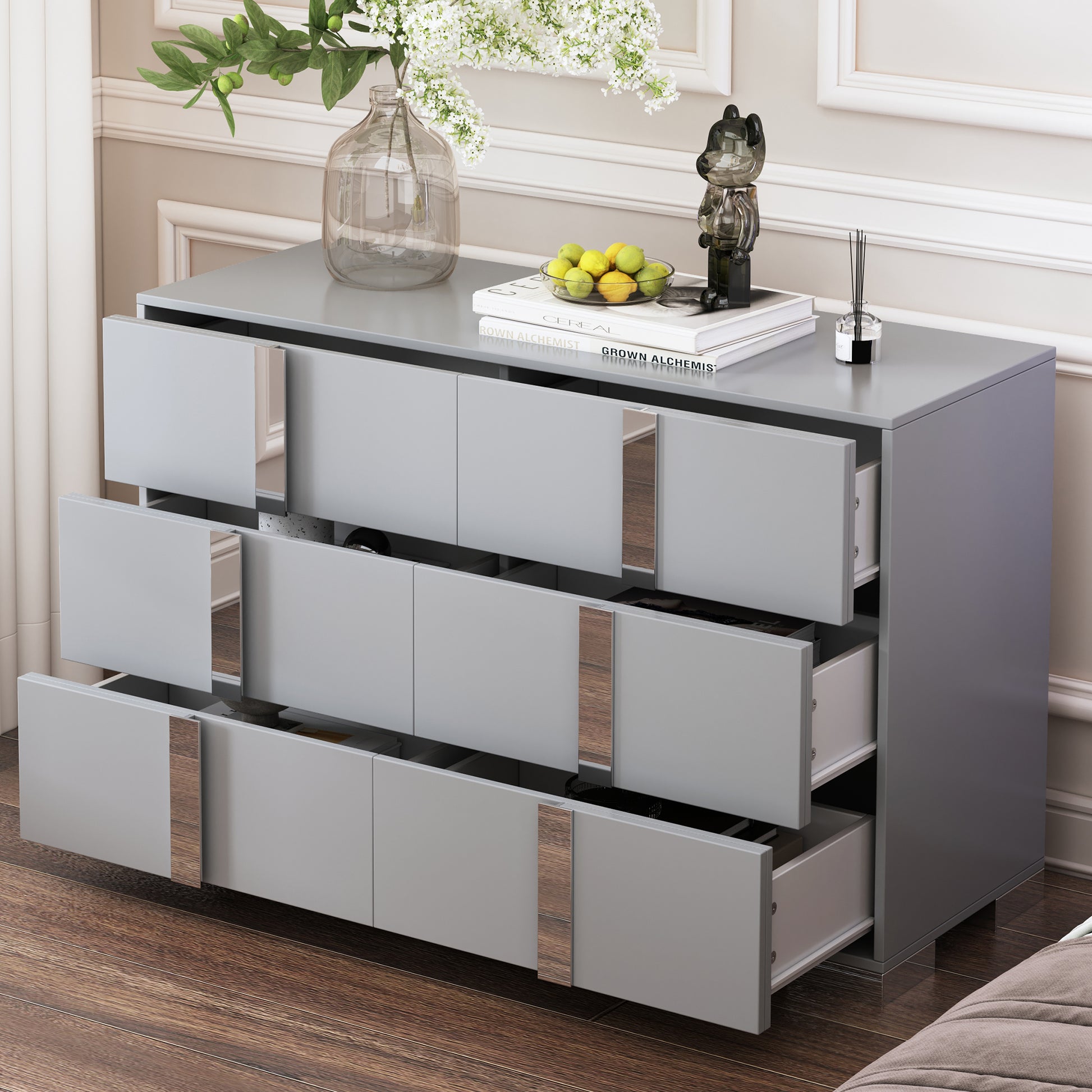 Elegant Modern Dresser With Metal Handle,Mirrored Storage Cabinet With 6 Drawers For Bedroom,Living Room,Grey Grey Mdf Metal