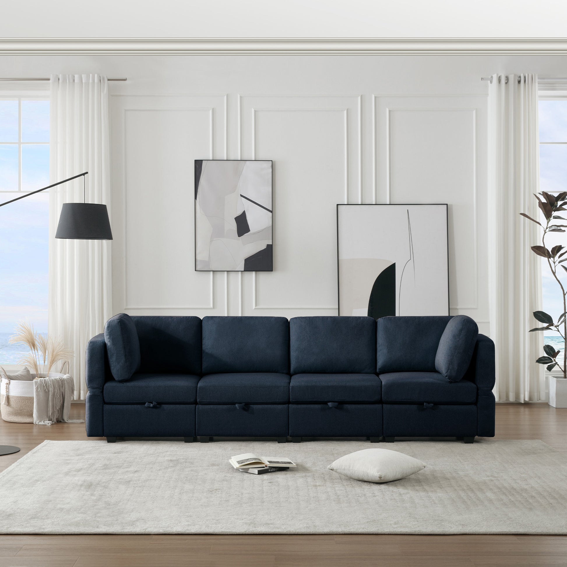 Fabric Modern Modular Sofa Couch With Storage Seats Modular Sectional Sofa 4 Seater Modular Couch For Living Room Blue Blue Polyester 4 Seat