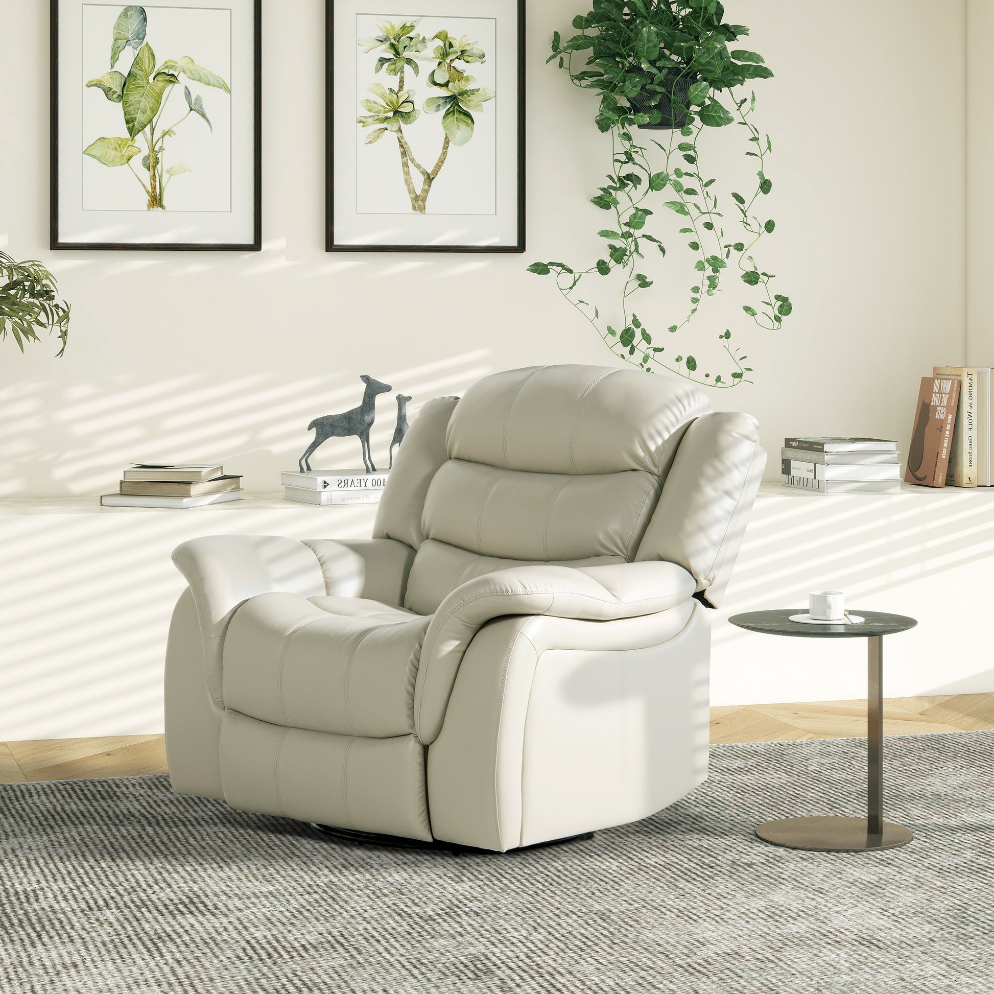 Rover 41.5" Swivel Glider Push Back Manual Recliner Arm Chair, Parchment Cream Off White Faux Leather White Foam Faux Leather