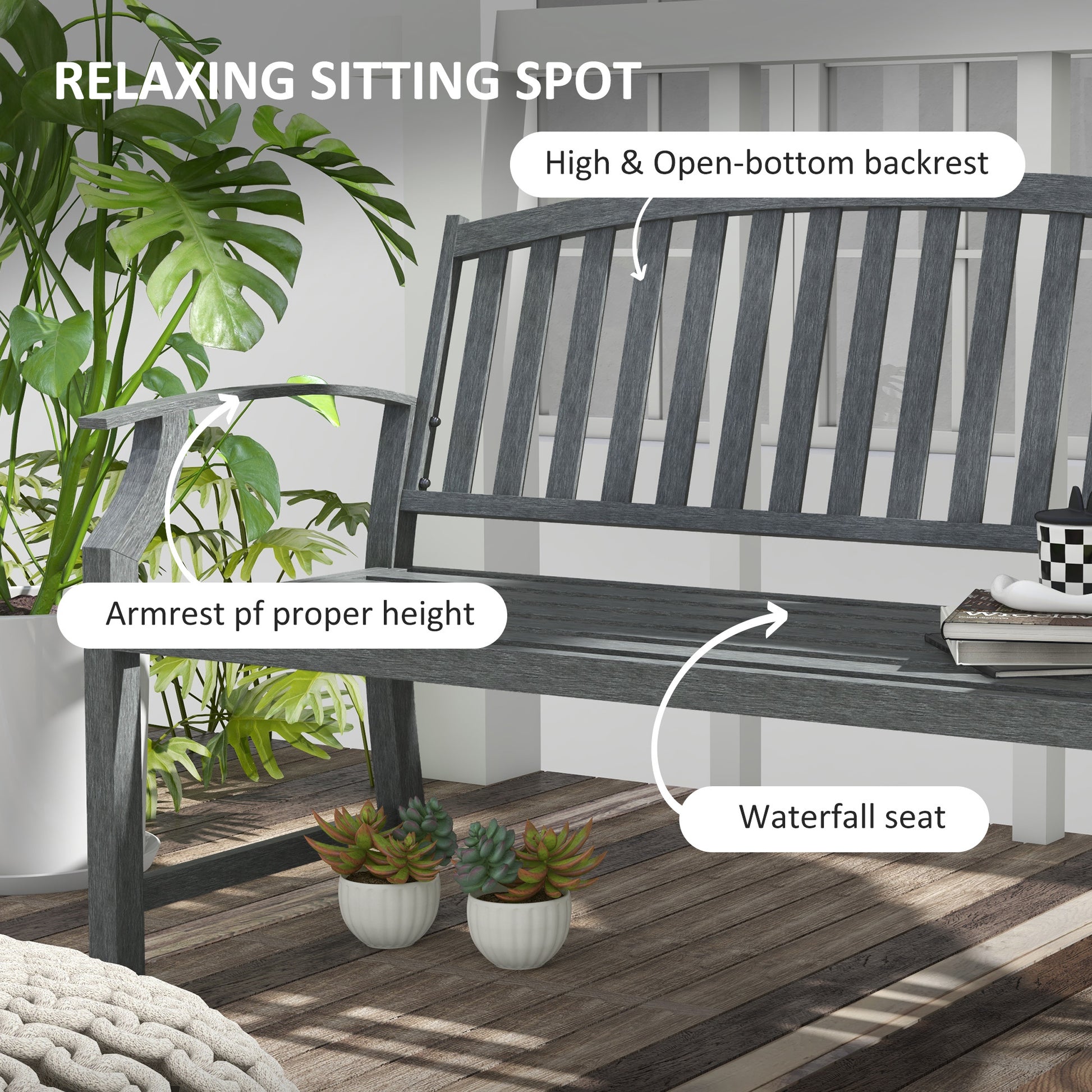 Outsunny 46" Outdoor Garden Bench, Metal Bench, Wood Look Slatted Frame Furniture For Patio, Park, Porch, Lawn, Yard, Deck, Gray Gray Steel