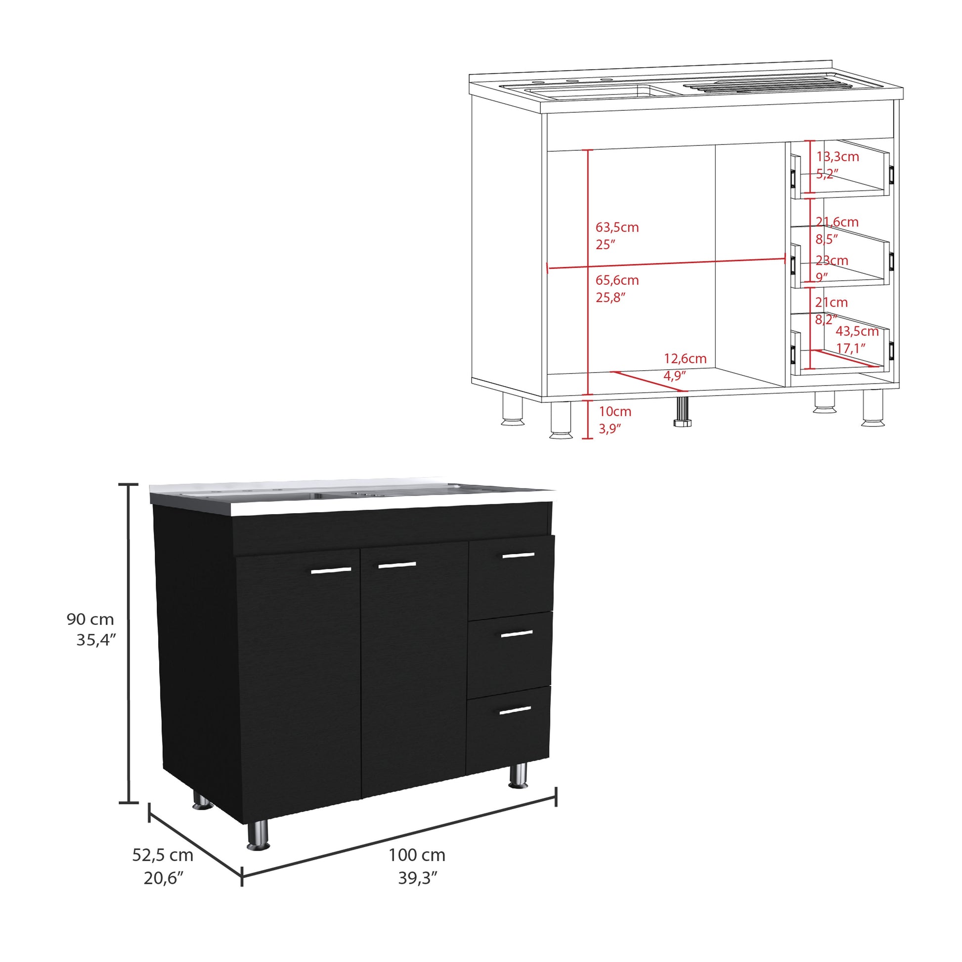 Ferretti Utility Sink With Three Drawers And Double Door Cabinet Black Black Kitchen Modern Particle Board