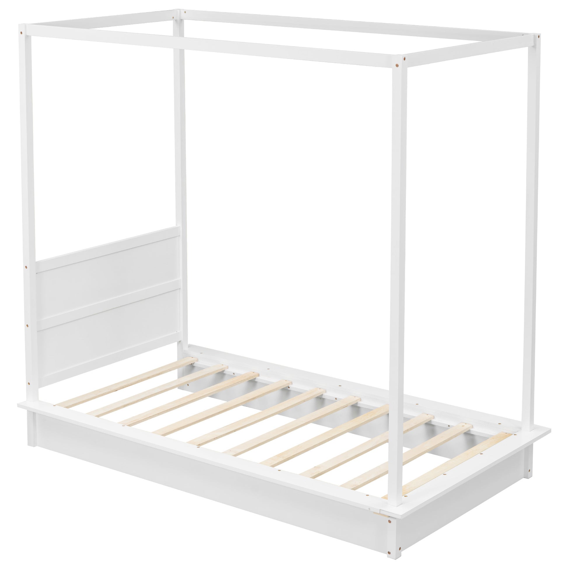 Twin Size Wood Led Canopy Bed, Canopy Platform Bed With Support Slats, No Box Spring Needed, White Twin White Plywood