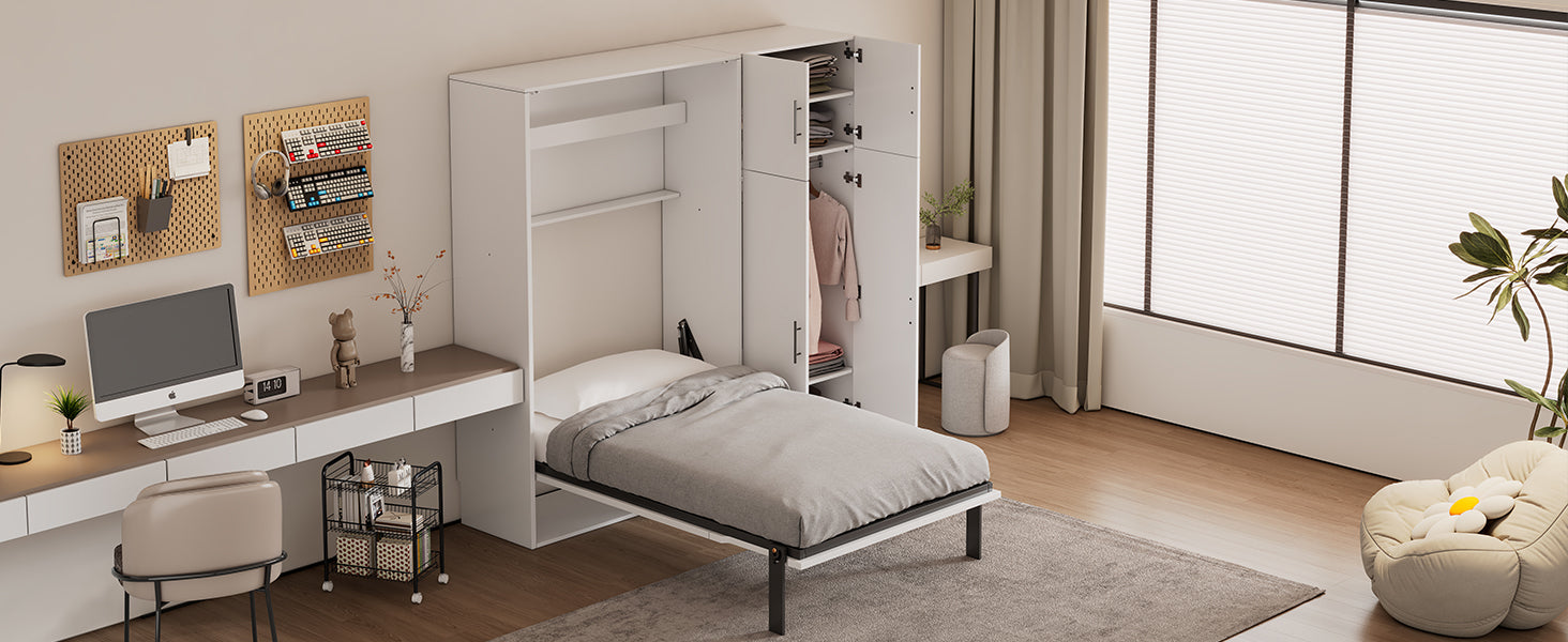 Twin Size Murphy Bed With Lockers And Wardrobes, White Box Spring Not Required Twin White Murphy Solid Wood Mdf