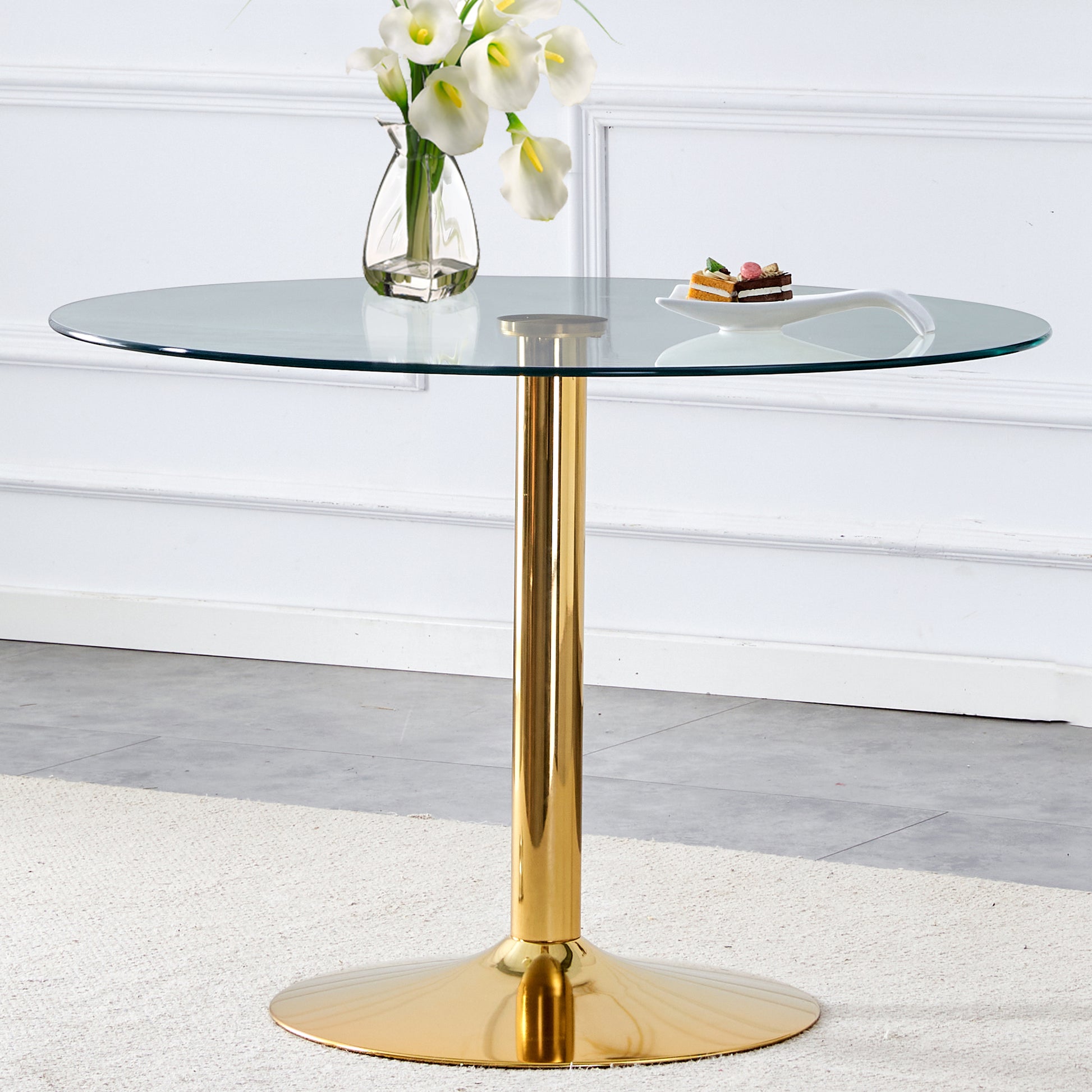 A 39.7 Inch Diameter Glass Top And A Modern, Minimalist Round Dining Table With Gold Metal Legs. Ideal For Dining Rooms, Living Rooms And Meeting Rooms. Model: Dt 1166 Gold Glass Metal