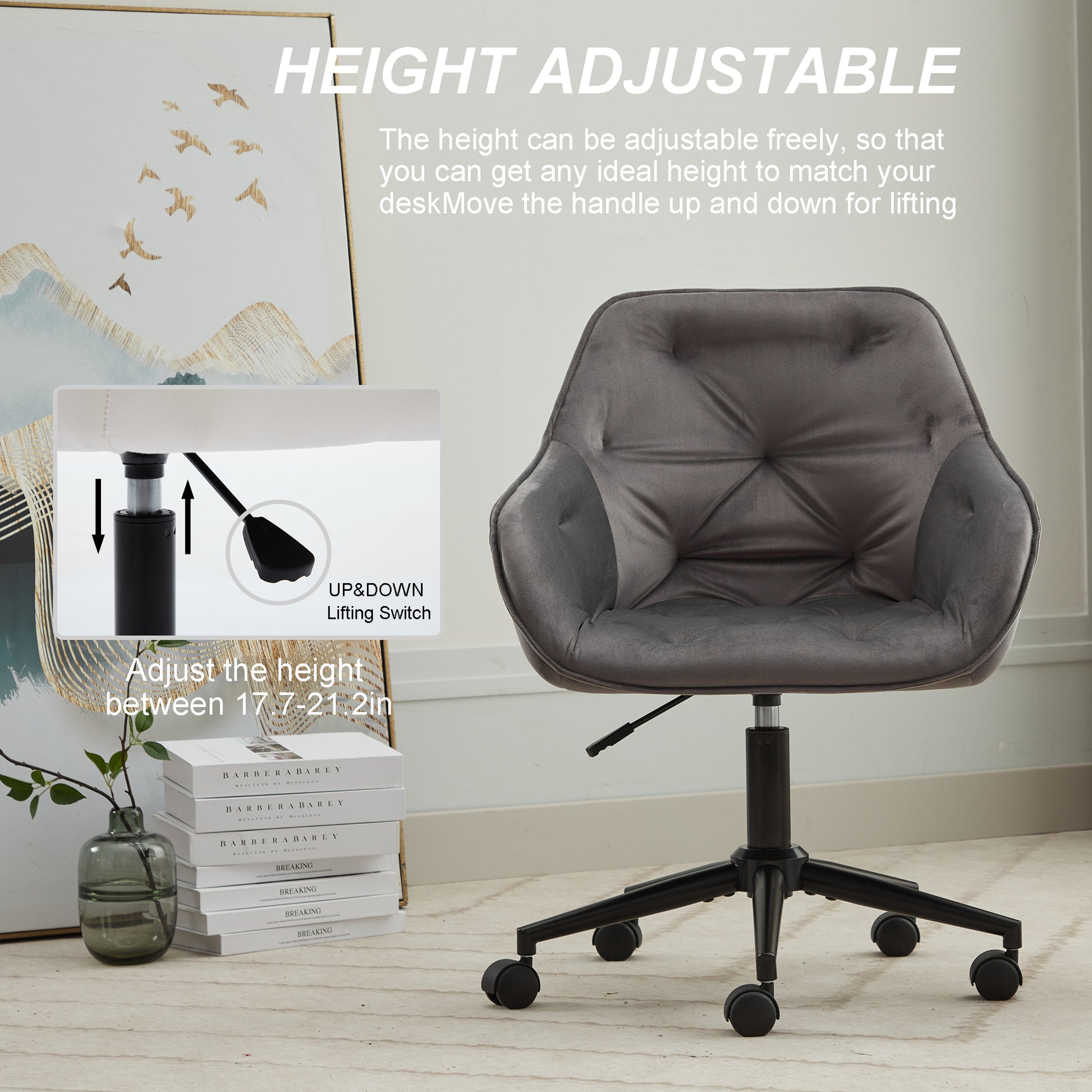 Elegent Velvet Office Chair With Wheels, Makeup Vanity Chair Height Adjustable For Teens Women Girls, Comfy Swivel Modern Leisure Armchair For Home Office, Bedroom, Study And Vanity. Gray Gray Primary Living Space Luxury,Modern Foam Iron