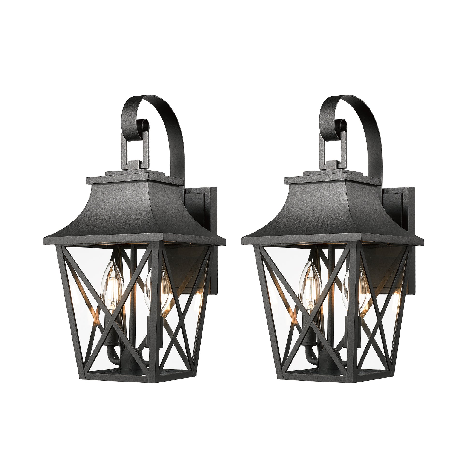Black Outdoor Wall Lantern 2 Light, Large Outside Modern Wall Sconce Light Fixture, Industrial Porch Light Wall Mount With Glass, Waterproof Farmhouse Exterior Lamp Lighting 2 Pack Black Aluminium