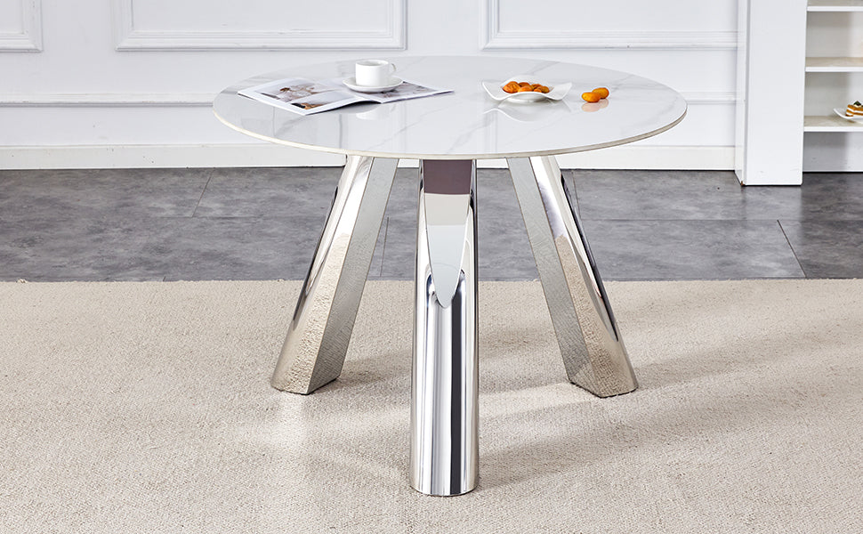 A 42 Inch Stainless Steel Leg Round Table With A Marble Top Is Suitable For Use By Four Or Six People Warm Grey,White Marble Metal,Sintered Stone