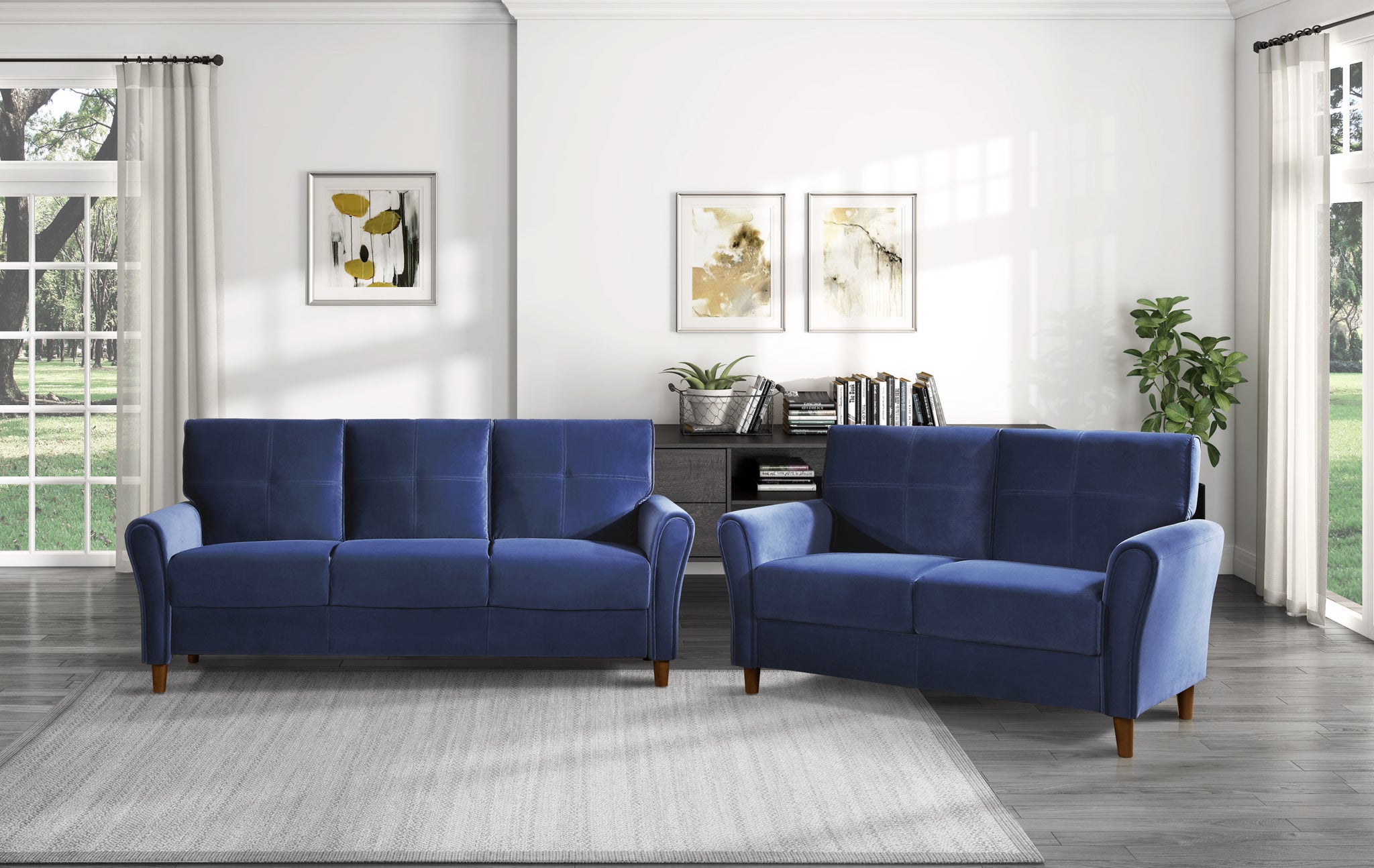 Modern Living Room Sofa Set 2Pcs Comfort Sofa Loveseat Plush Seatbacks Tufted Detail Blue Velvet Upholstery Solid Wood Frame Furniture Blue Velvet Wood Primary Living Space Modern Flared Arms Solid Wood 5 Seat