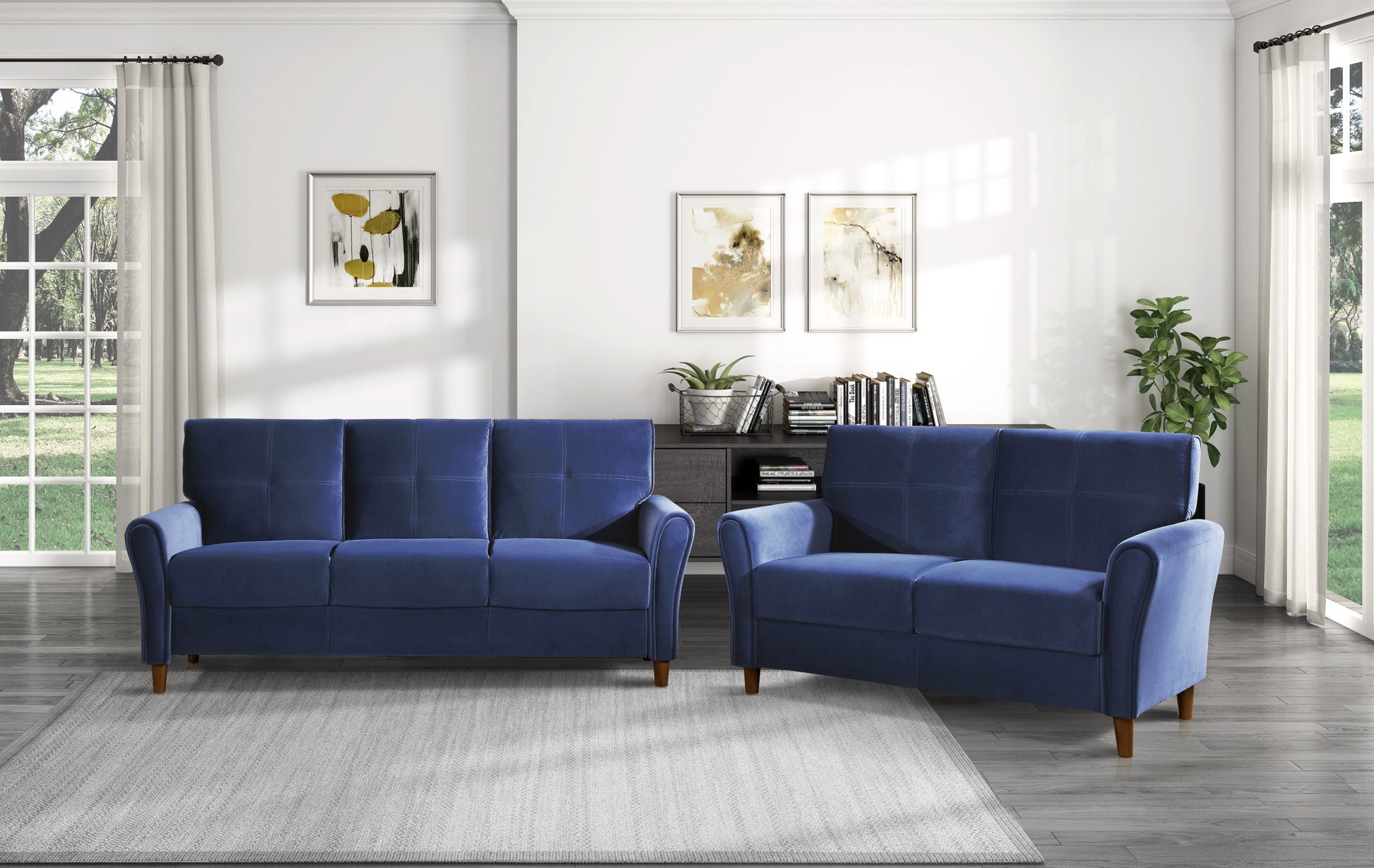 Blue Velvet Upholstery 1Pc Comfort Sofa Plush Seatbacks Tufted Detail Solid Wood Frame Modern Living Room Furniture Blue Velvet Wood Primary Living Space Modern Flared Arms Solid Wood 3 Seat