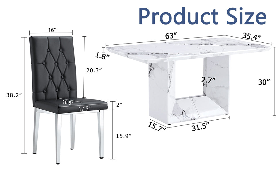 Table And Chair Set.63"X35.4" White Marble Patterned Mdf Dining Table Set With 4 Armless Black Pu Chairs.Showcasing A Modern And Stylish Look. Black,White Seats 4 Mdf Metal