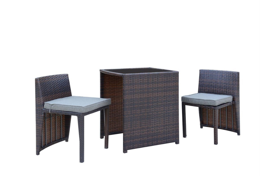 Cape Town 3 Piece Pe Wicker Bistro Steel Cushions Outdoor Dining Set, Mahogany Brown, Grey Brown Grey Pe Rattan Iron