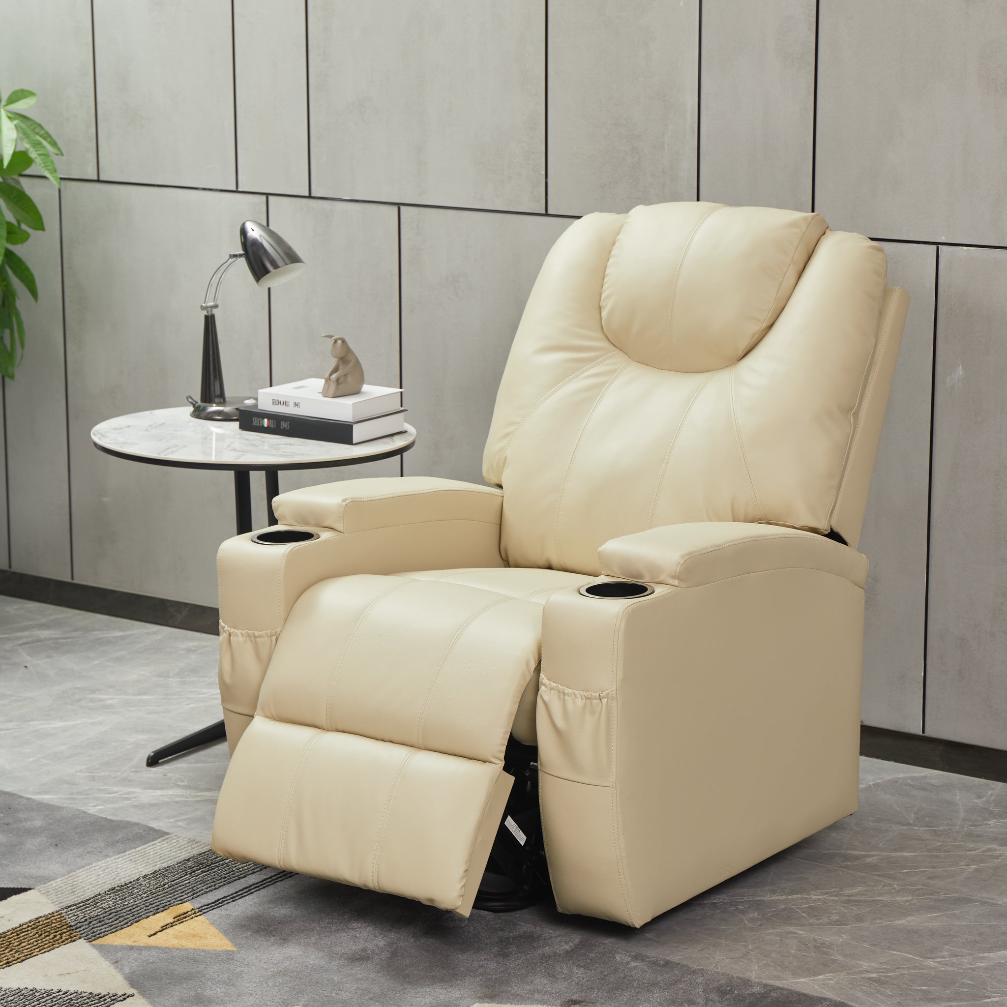 Recliner Chair Modern Recliner Sofa Faux Leather Recliners With Cup Holders,Remote Control Beige Faux Leather