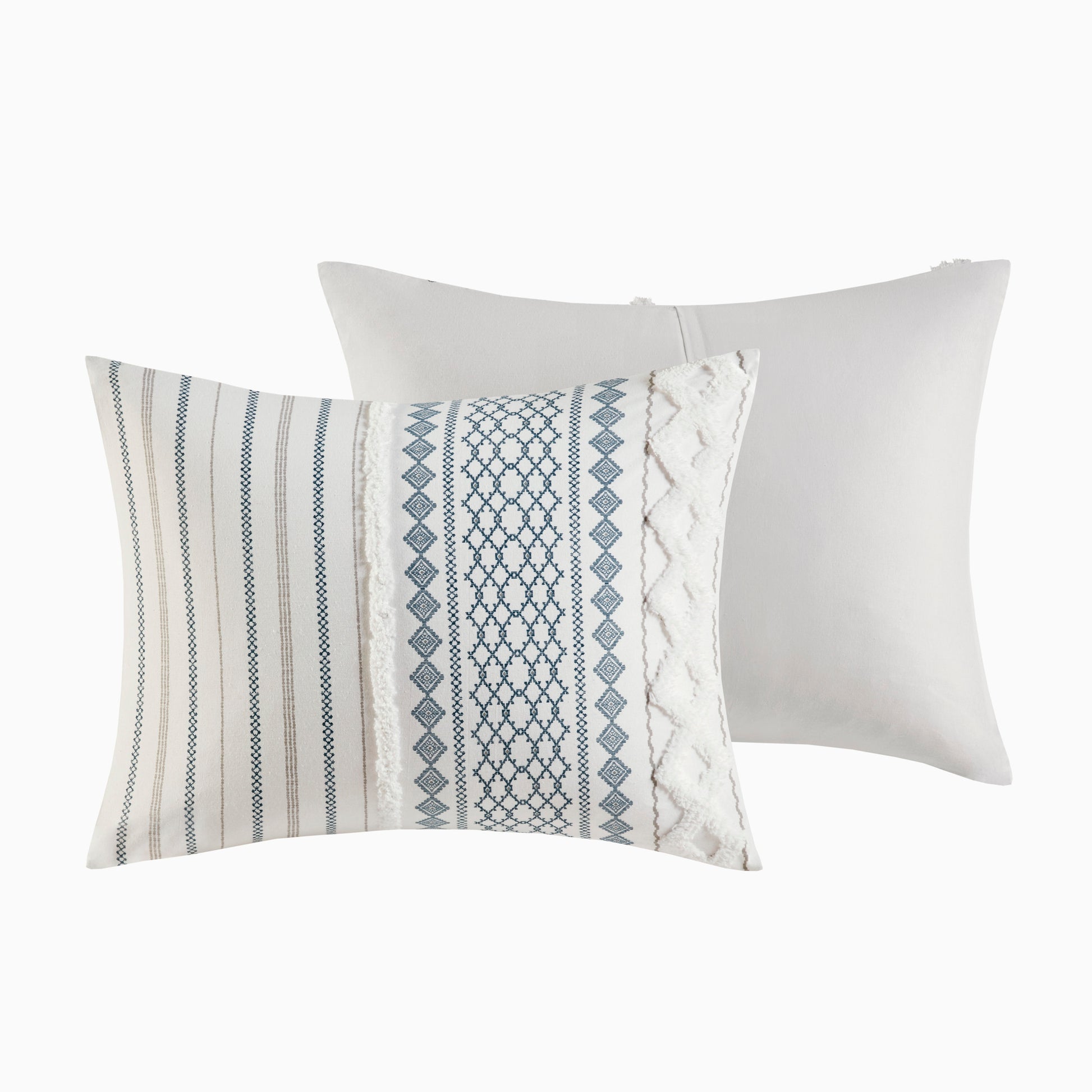 Cotton Printed Comforter Set With Chenille White Navy Full Queen Queen White Navy Cotton