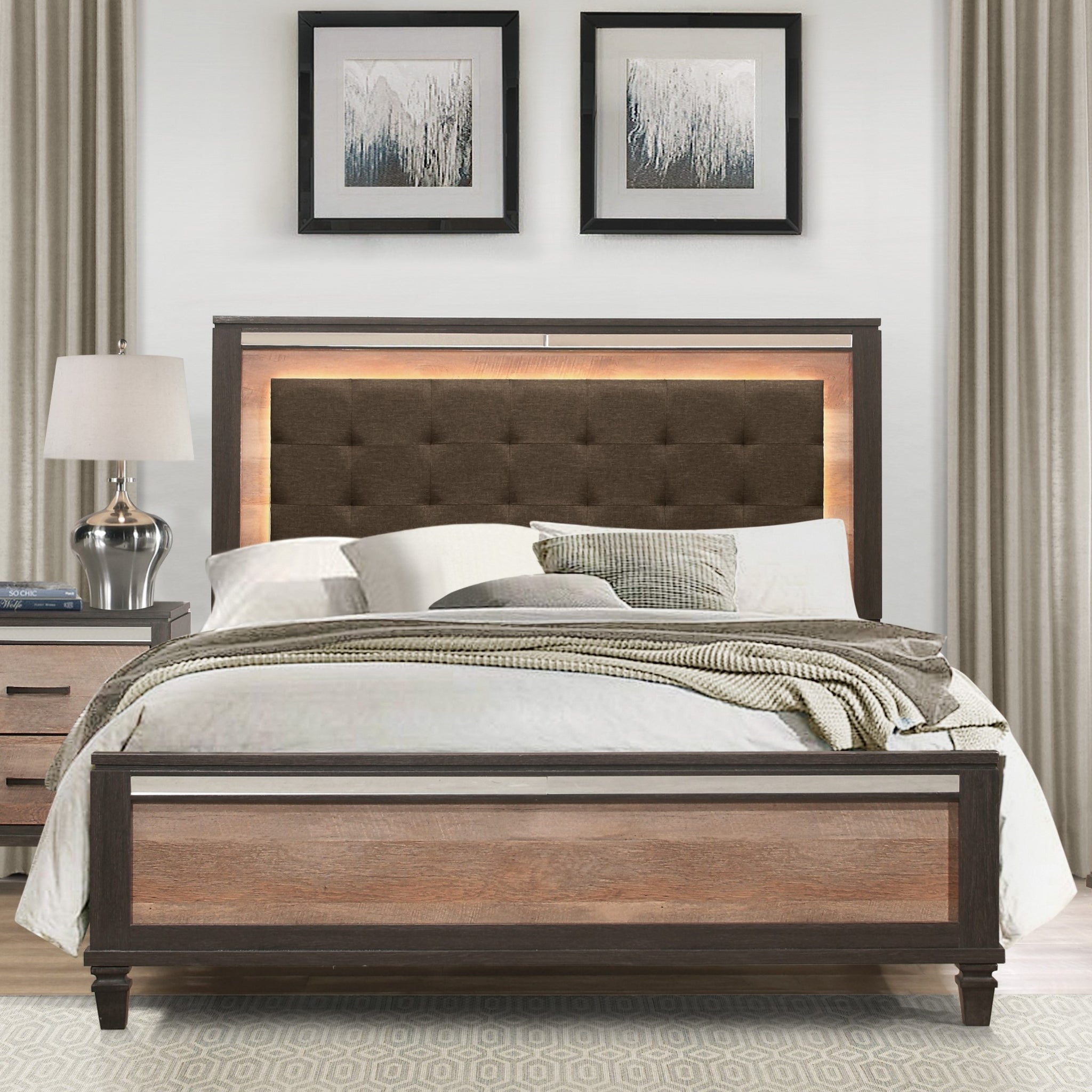 Modern Rustic Style 1Pc Queen Bed Upholstered Headboard With Led Light 2 Tone Finish Wooden Bedroom Furniture Box Spring Required Queen Brown Wood Bedroom Wood