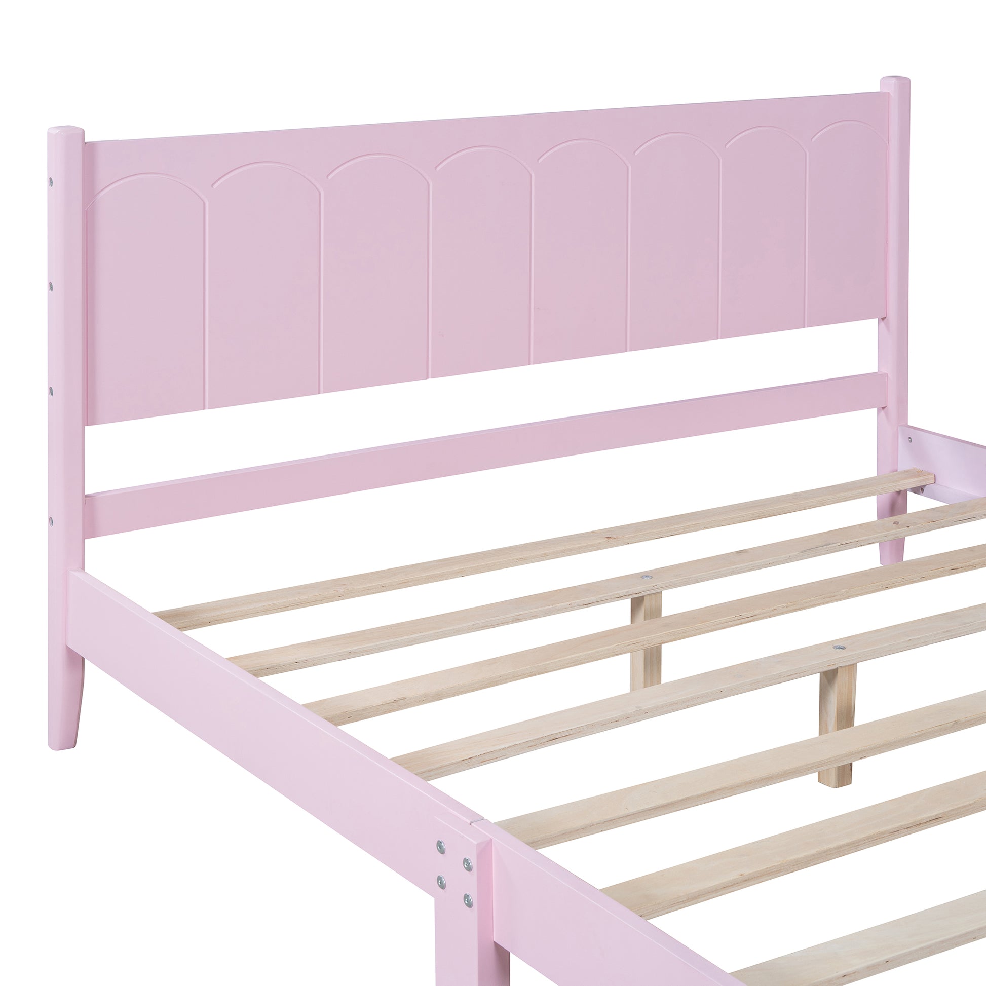 Queen Size Wood Platform Bed Frame, Retro Style Bed With Rectangular Headboard,No Need Box Spring,Pink Queen Pink Wood