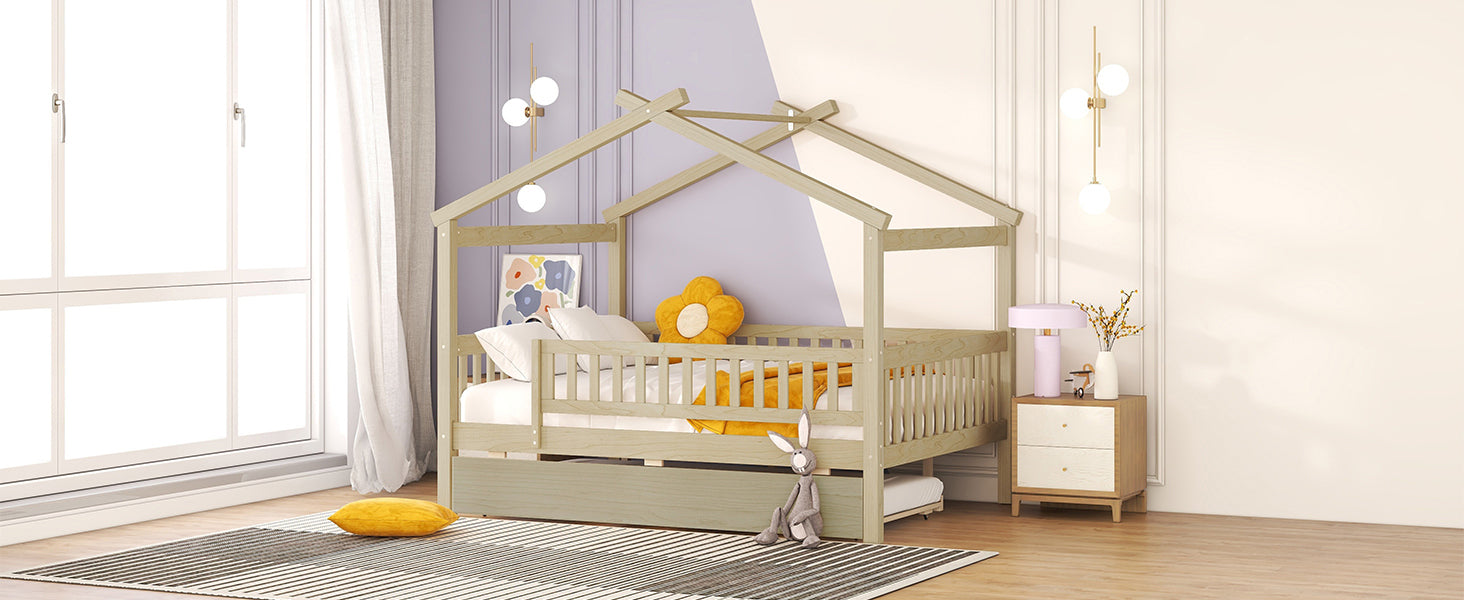Full Size Wooden House Bed With Twin Size Trundle, Natural Full Natural Solid Wood Mdf