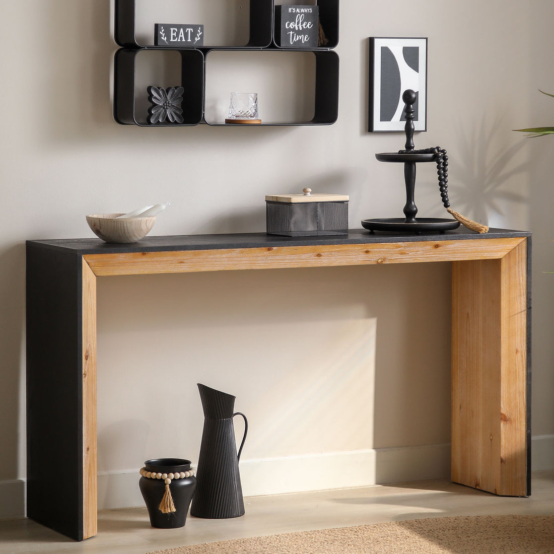 Black Natural Wooden Console Table Narrow Entryway Table Modern Couch Table Small Entry Way Tables, Easy Assembly, Multi Colors Black Natural Distressed Finish Desk Top Dining Room Mix Match,Modern Floor Mount Rectangular Console Tables Powder Coated