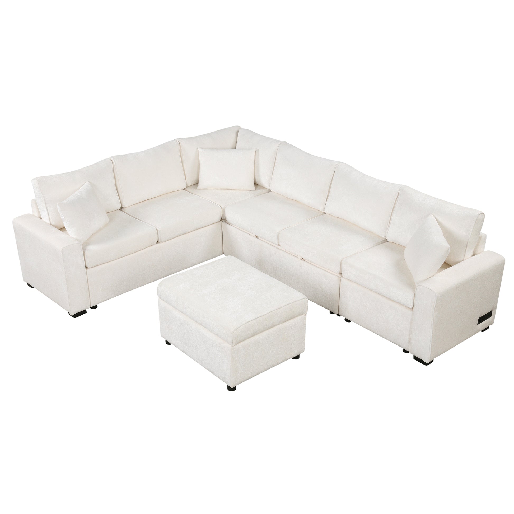 112.2" Sectional Sofa Pull Out Sofa Bed Sleeper With A Storage Ottoman,Three Pillows And Charging Devices For Living Room, Cream Cream Foam Chenille 6 Seat