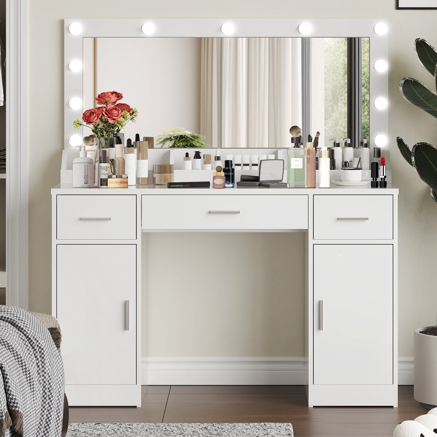 47.2"Vanity Desk With Large Mirror, 3 Colour Lighting Modes, Adjustable Brightness, Dresser With 3 Drawers & 2 Vertical Cabinets, Makeup Vanity Table For Women & Girls White White Particle Board