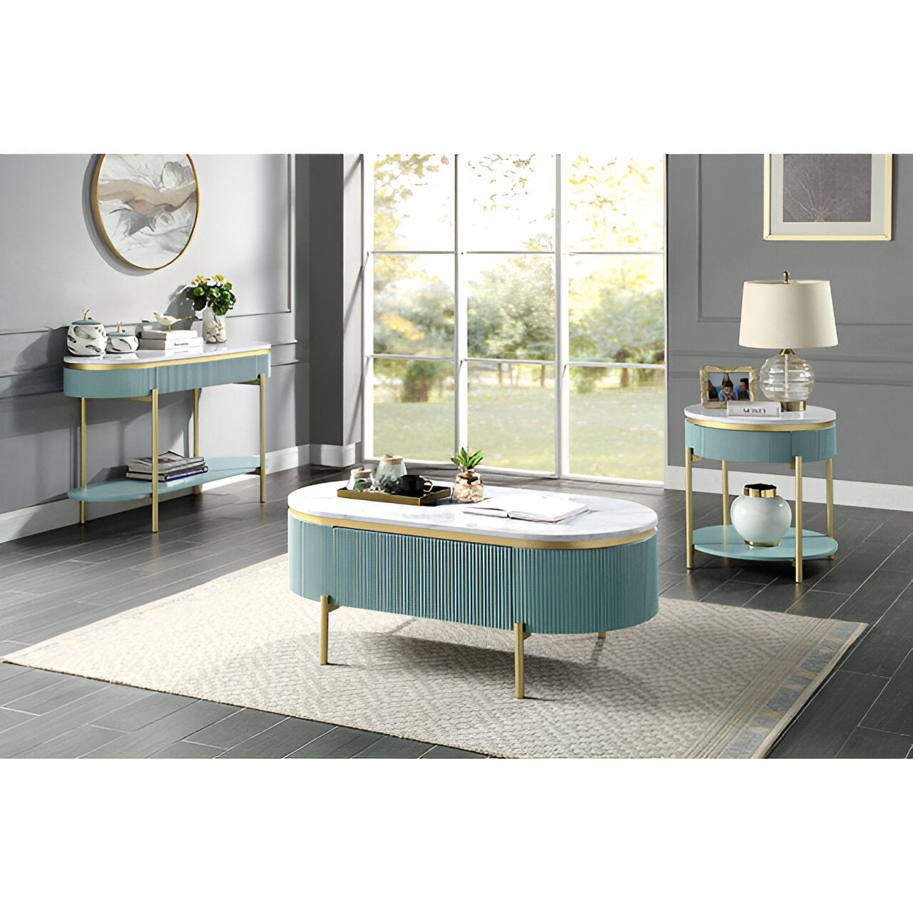 Glam Contemporary Light Teal 1Pc Sofa Table White Faux Marble Top Living Room Side Table Open Bottom Shelve Teal Primary Living Space Contemporary,Glam,Modern,Shabby Chic Metal