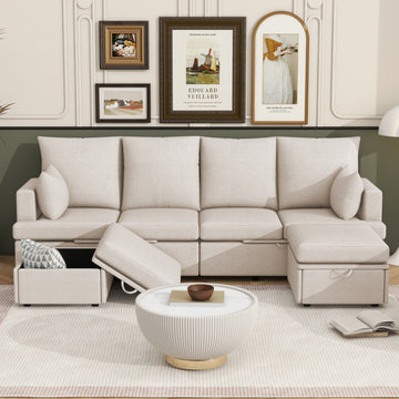 Modern U Shape Modular Sofa, 6 Seat Chenile Sectional Couch Set With 2 Pilows Lncluded, Freely Combinableindoor Funiture For Living Room,Apartment, Office, 3 Colors Beige Chenille Metal Primary Living Space Medium Soft Loose Back Modern Poplar Foam