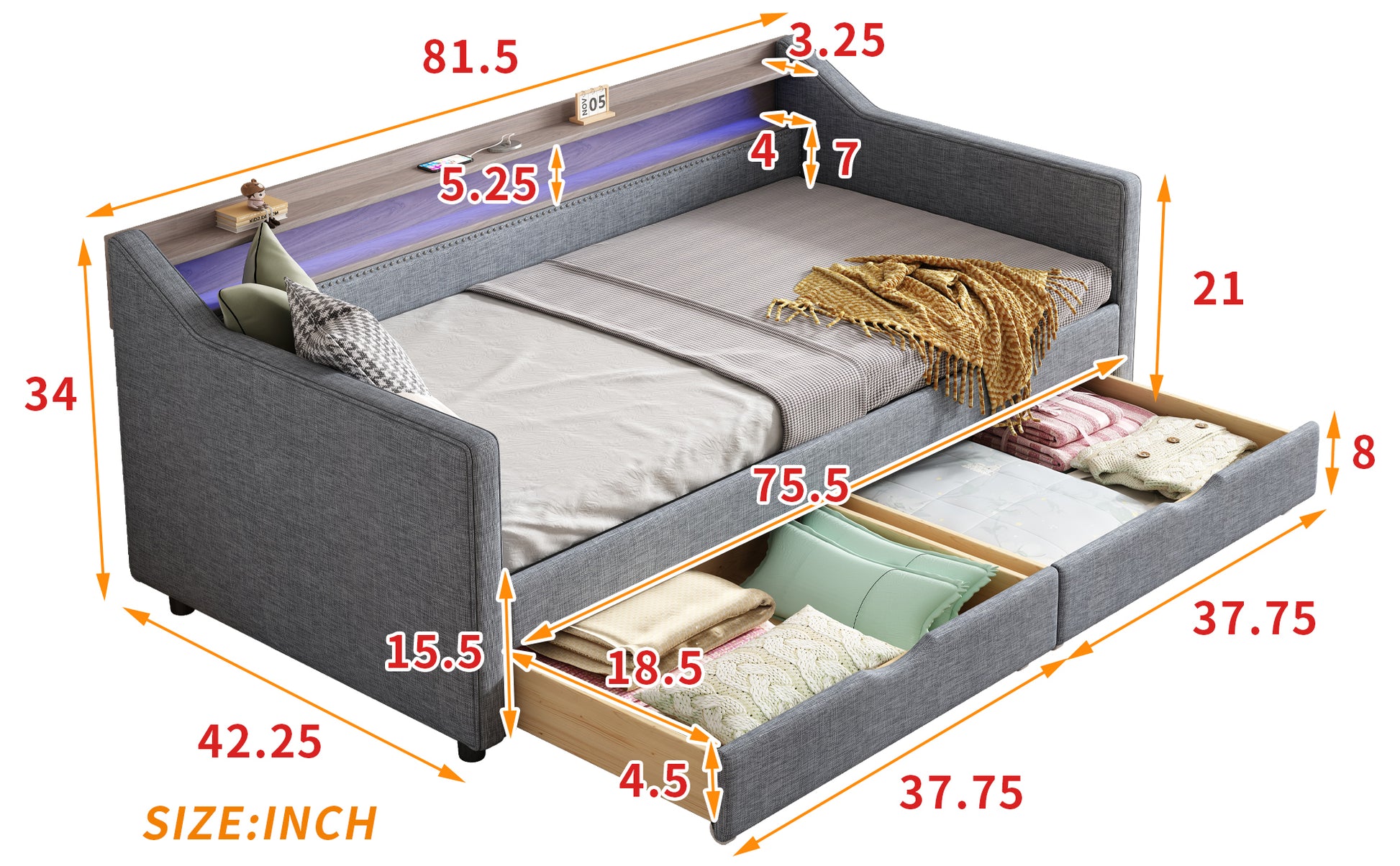Twin Size Daybed With 2 Storage Drawers And 2 Tier Shelf & Usb Type C Port, Modern Linen Upholstered Sofa Day Bed Frame With Smart Led Light For Livingroom, Apartment,Light Grey Box Spring Not