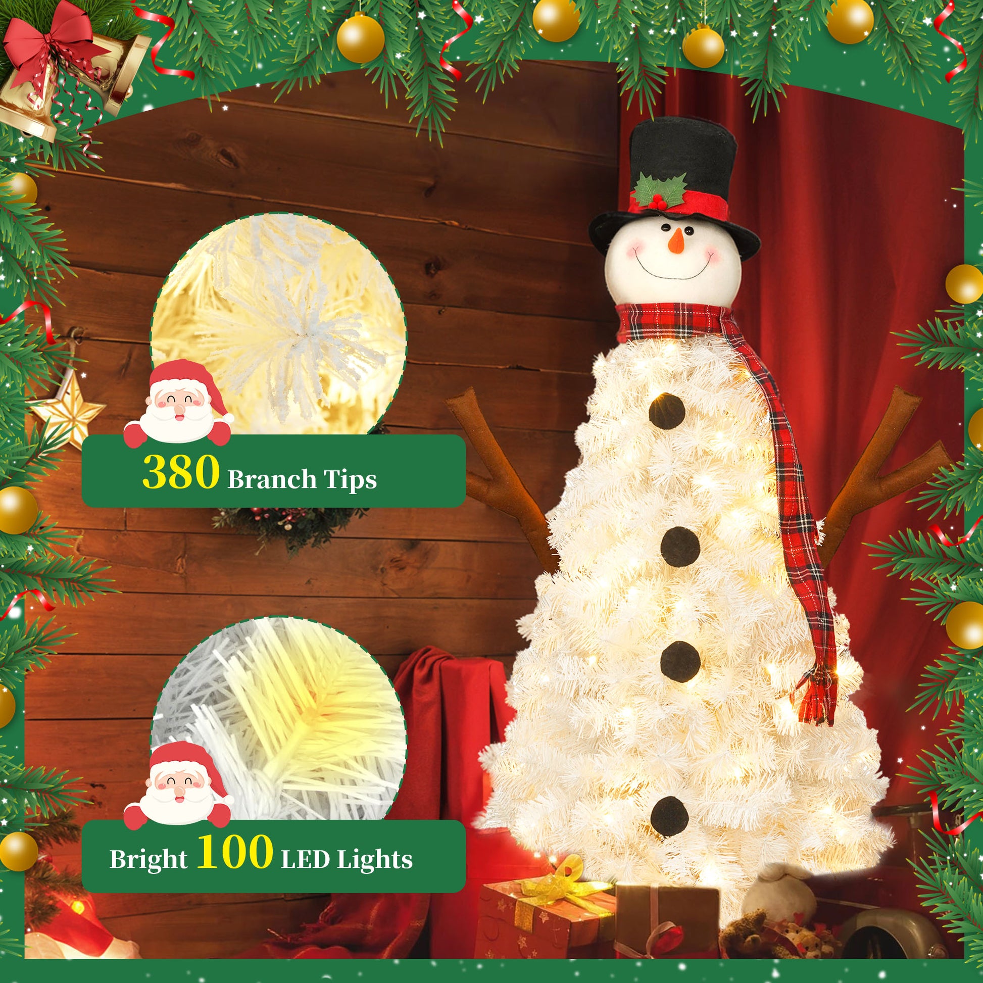 4Ft Pre Lit Christmas Tree With 100 Lights, Snowman Shaped Artificial Christmas Tree, Xmas Tree With 380 Branch Tips, Pvc Festival Celebration Decoration Inside And Outside White Pvc