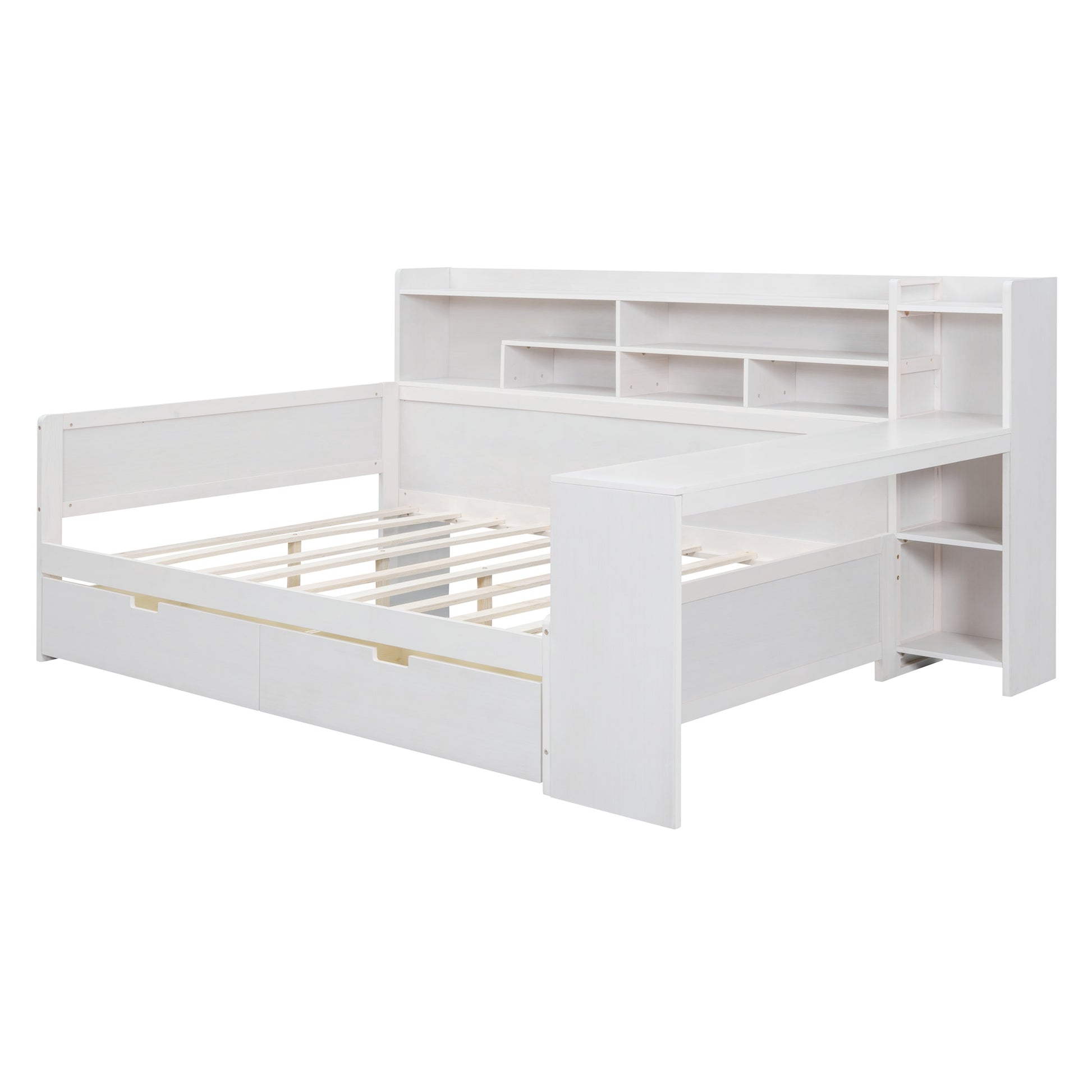 Wooden Full Size Daybed With Storage Shelves, Multi Functional Bed With Two Storage Drawers And Study Desk, Antique White Old Sku: Hl000089Aak Full Antique White Wood