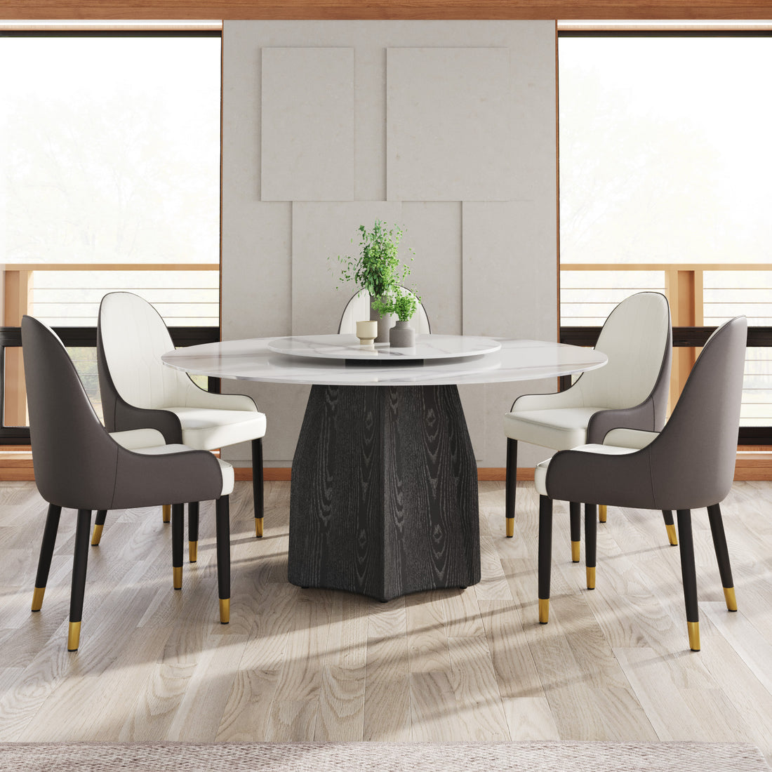 59.05" Round Marble Dining Table With Black Textured Solid Wood Base, Artificial Marble For 6 8 People, 31.5"White Artificial Stone Turntable,White Dining Table Only Black,White Dining Room Modern