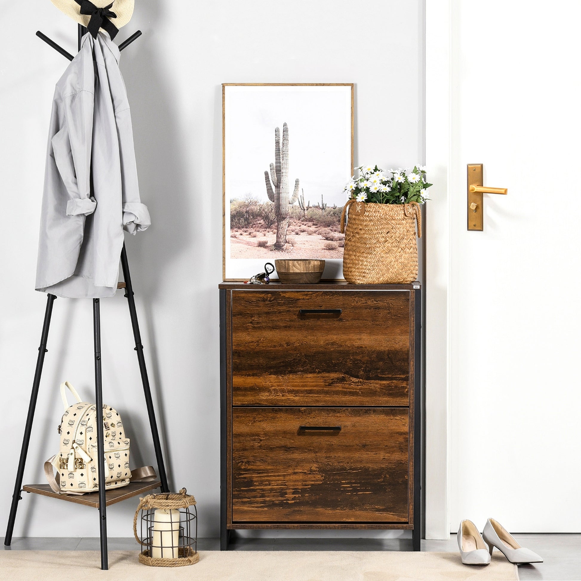 Homcom Industrial Shoe Cabinet With 2 Flip Drawers, Freestanding Shoe Storage Cabinet For 12 Pairs, Narrow Slim Shoe Rack For Entryway, Hallway, Rustic Brown Rustic Brown Particle Board