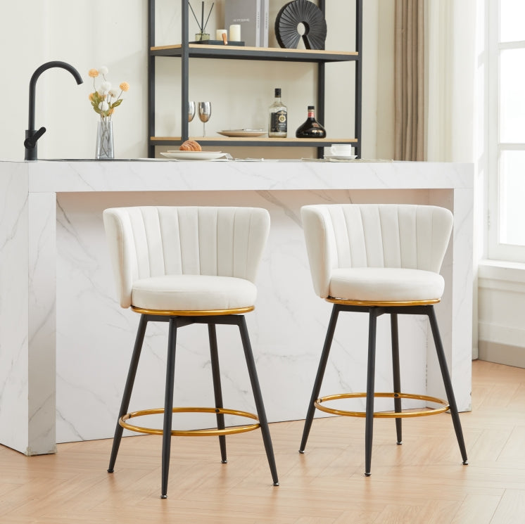 Counter Height Bar Stools Set Of 2, 360 Swivel Upholstered Barstools With Backs And Metal Legs, 26" H Seat Height, Velvet Fabric,Goldy Footrest Beige Iron,Polyester Blend