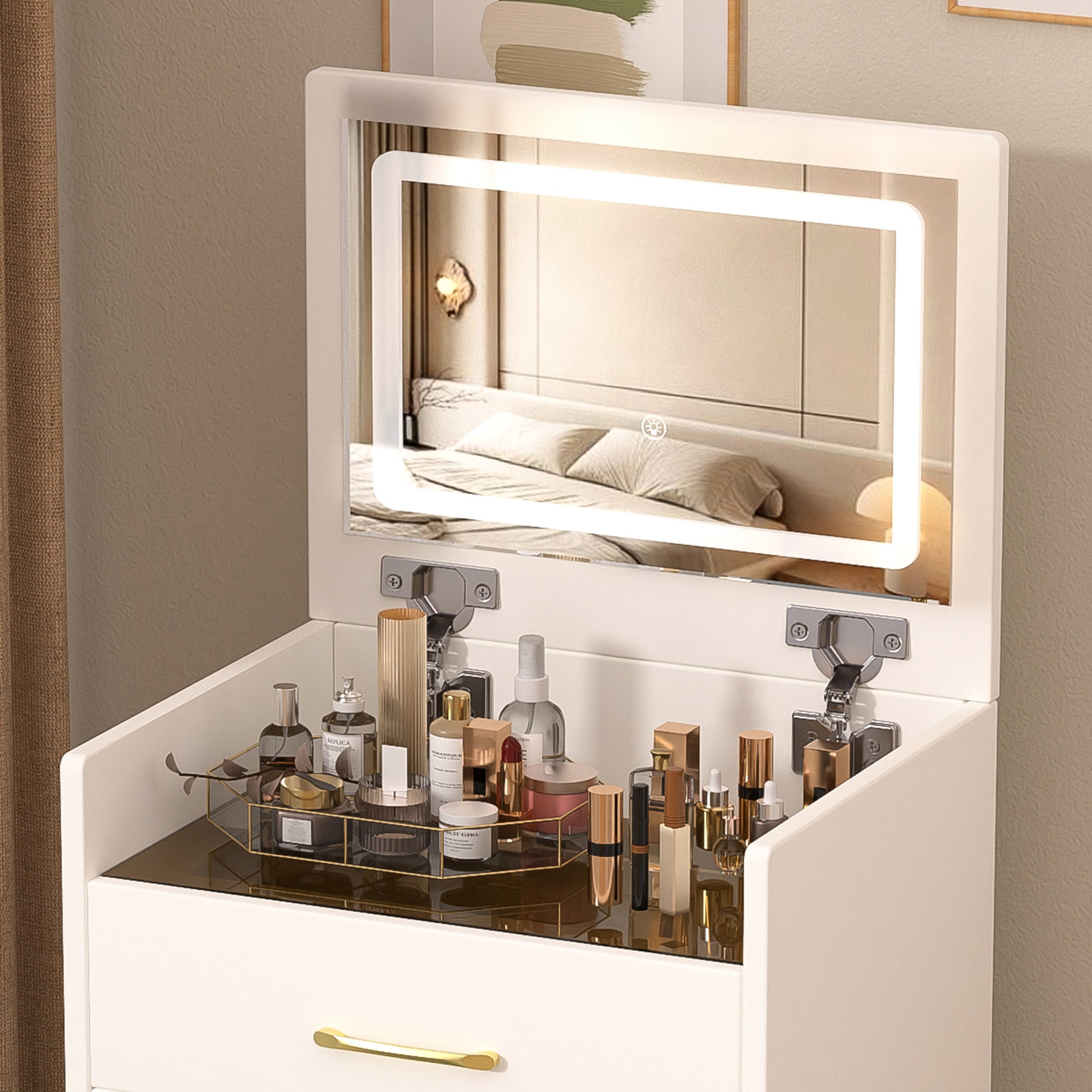 3 In 1 Vanity Desk With Open Top Mirror,Small Make Up Vanity Set With Visible Glass Desktop,Compact Makeup Vanity With 3 Drawers,Dressing Table For Bedroom White White Drawer 3 Drawers Bedroom Ball